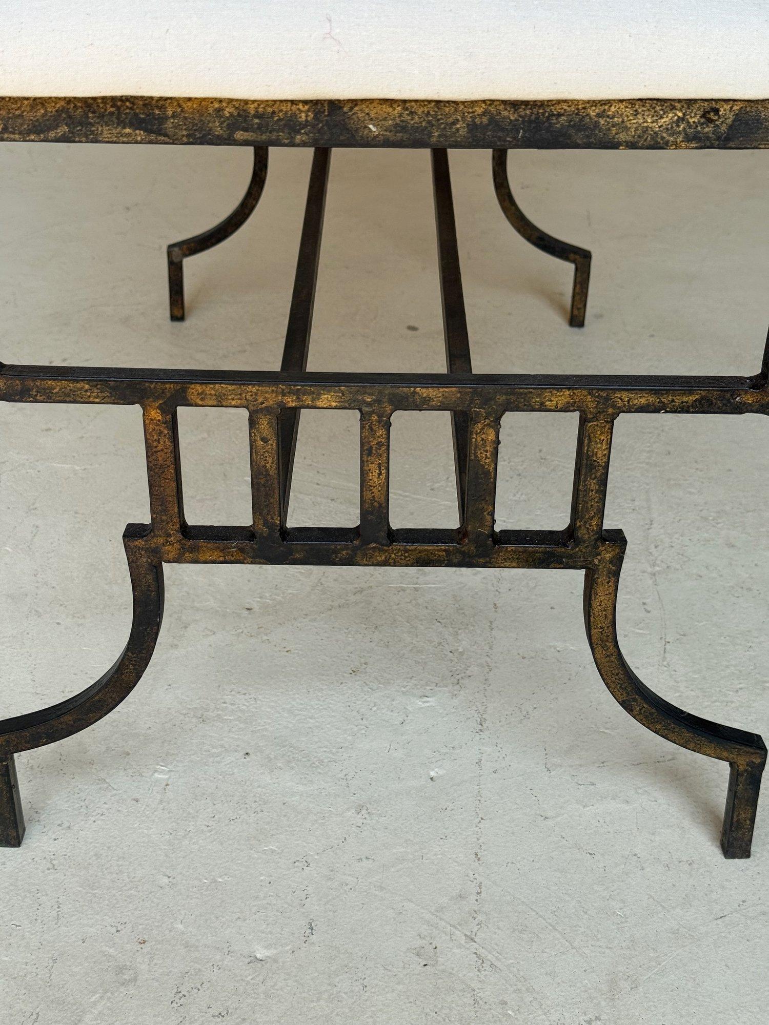 Vintage Mid Century Spanish Gilt Iron Bench with Geometric Base For Sale 9