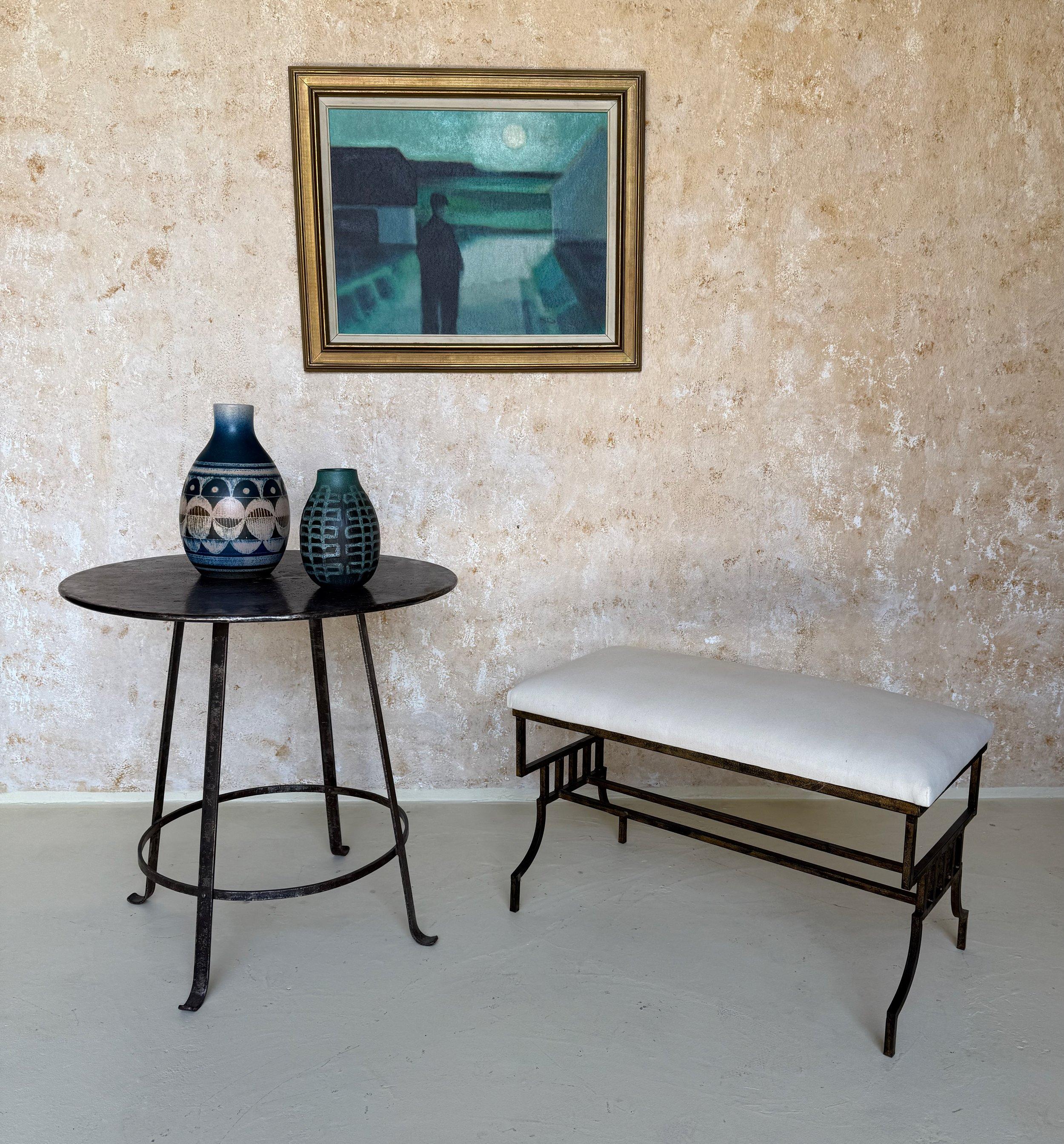 Mid-Century Modern Vintage Mid Century Spanish Gilt Iron Bench with Geometric Base For Sale