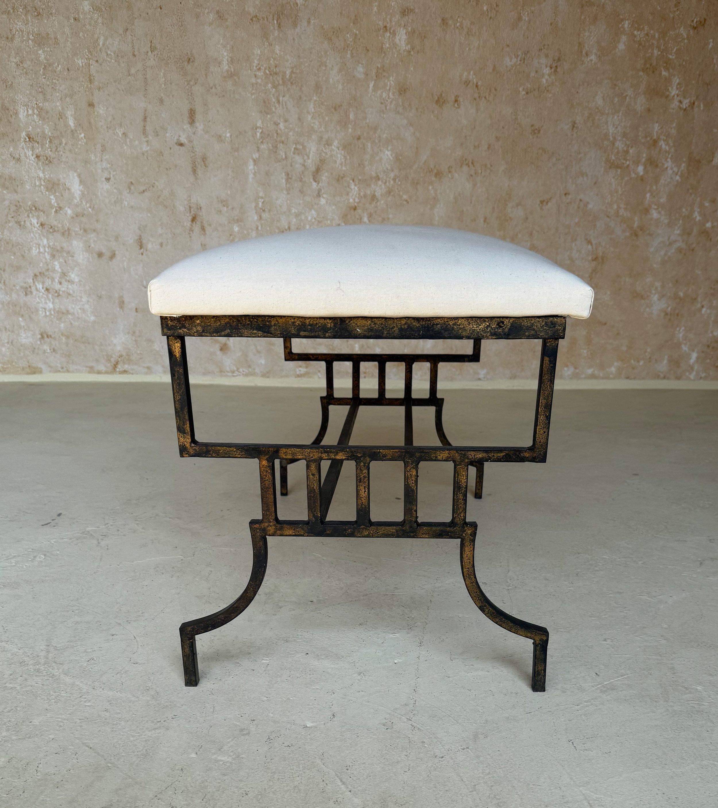 Vintage Mid Century Spanish Gilt Iron Bench with Geometric Base In Good Condition For Sale In Buchanan, NY