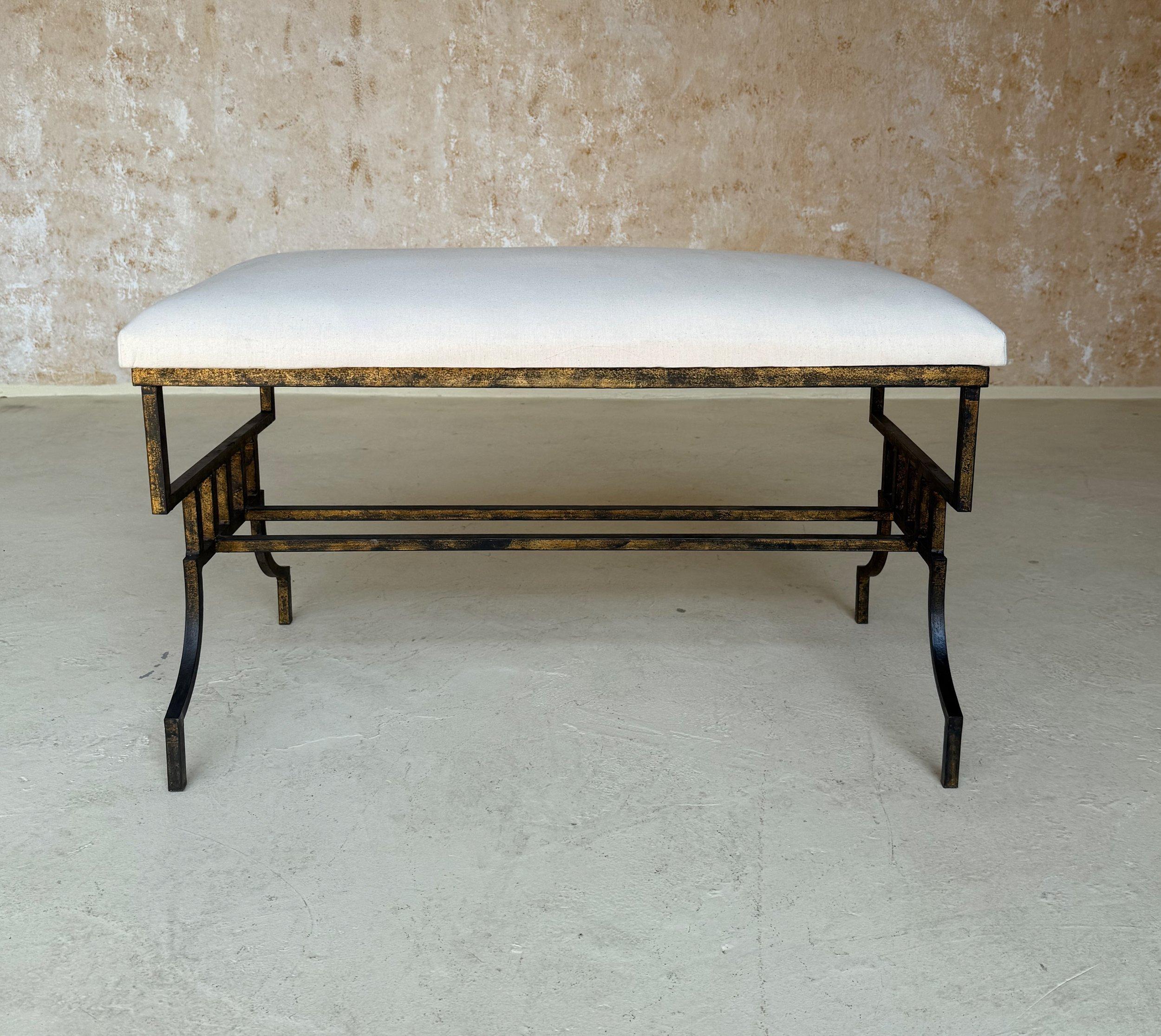 Mid-20th Century Vintage Mid Century Spanish Gilt Iron Bench with Geometric Base For Sale