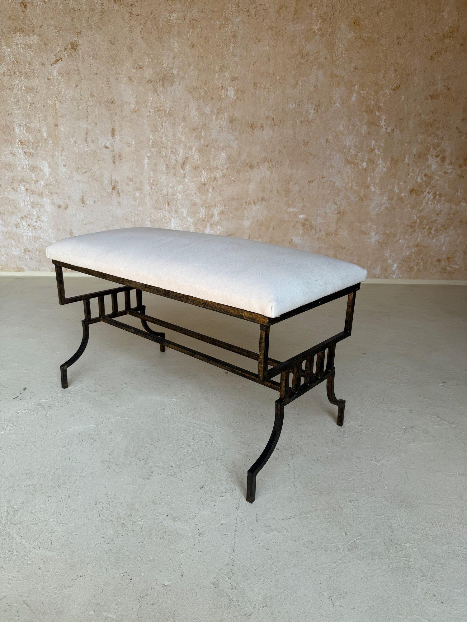 Vintage Mid Century Spanish Gilt Iron Bench with Geometric Base For Sale 1