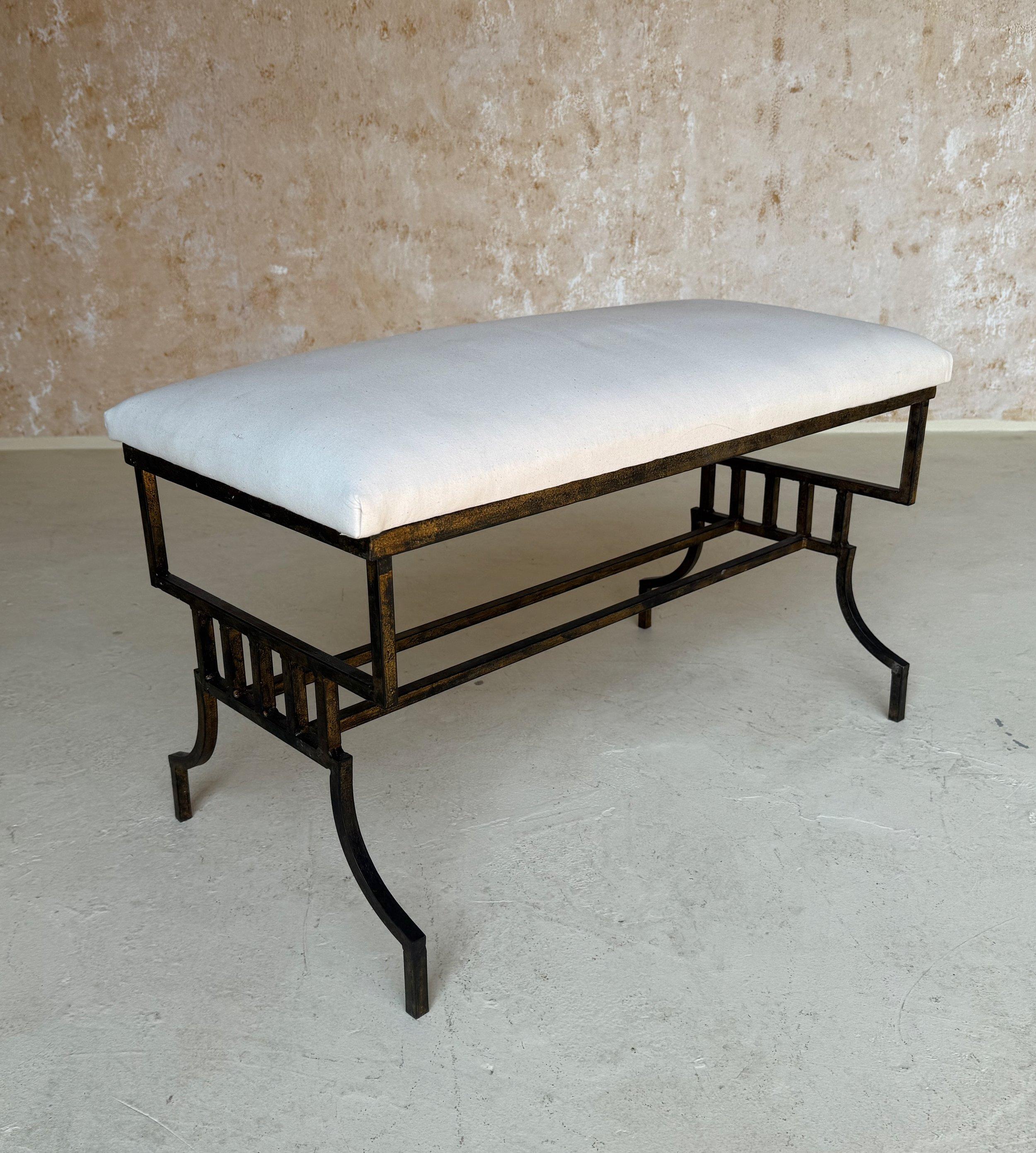 Vintage Mid Century Spanish Gilt Iron Bench with Geometric Base For Sale 3