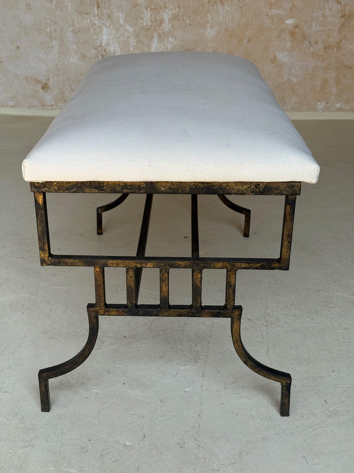 Vintage Mid Century Spanish Gilt Iron Bench with Geometric Base For Sale 4