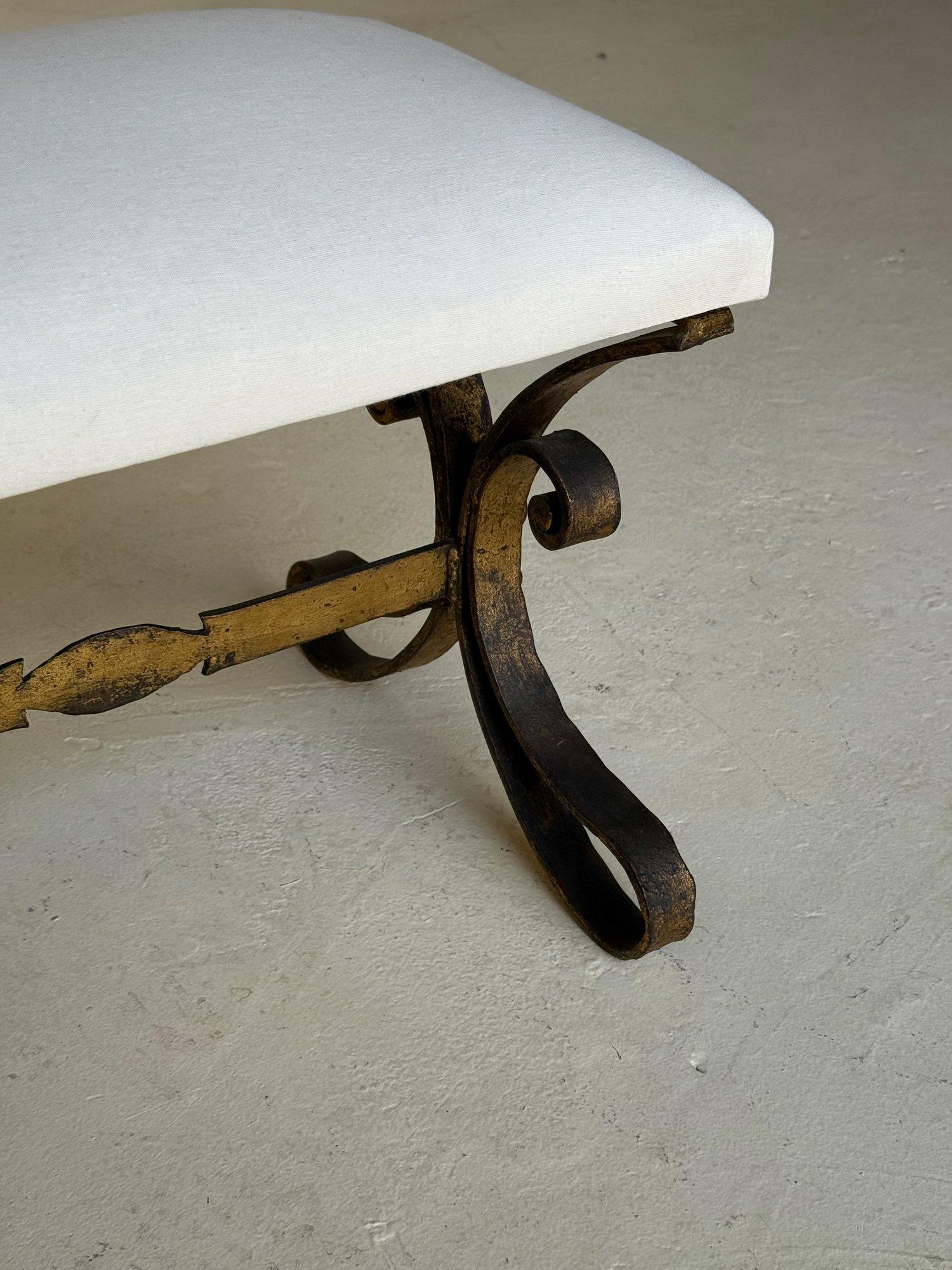 Vintage Mid Century Spanish Gilt Iron Bench with Ornate Base For Sale 5