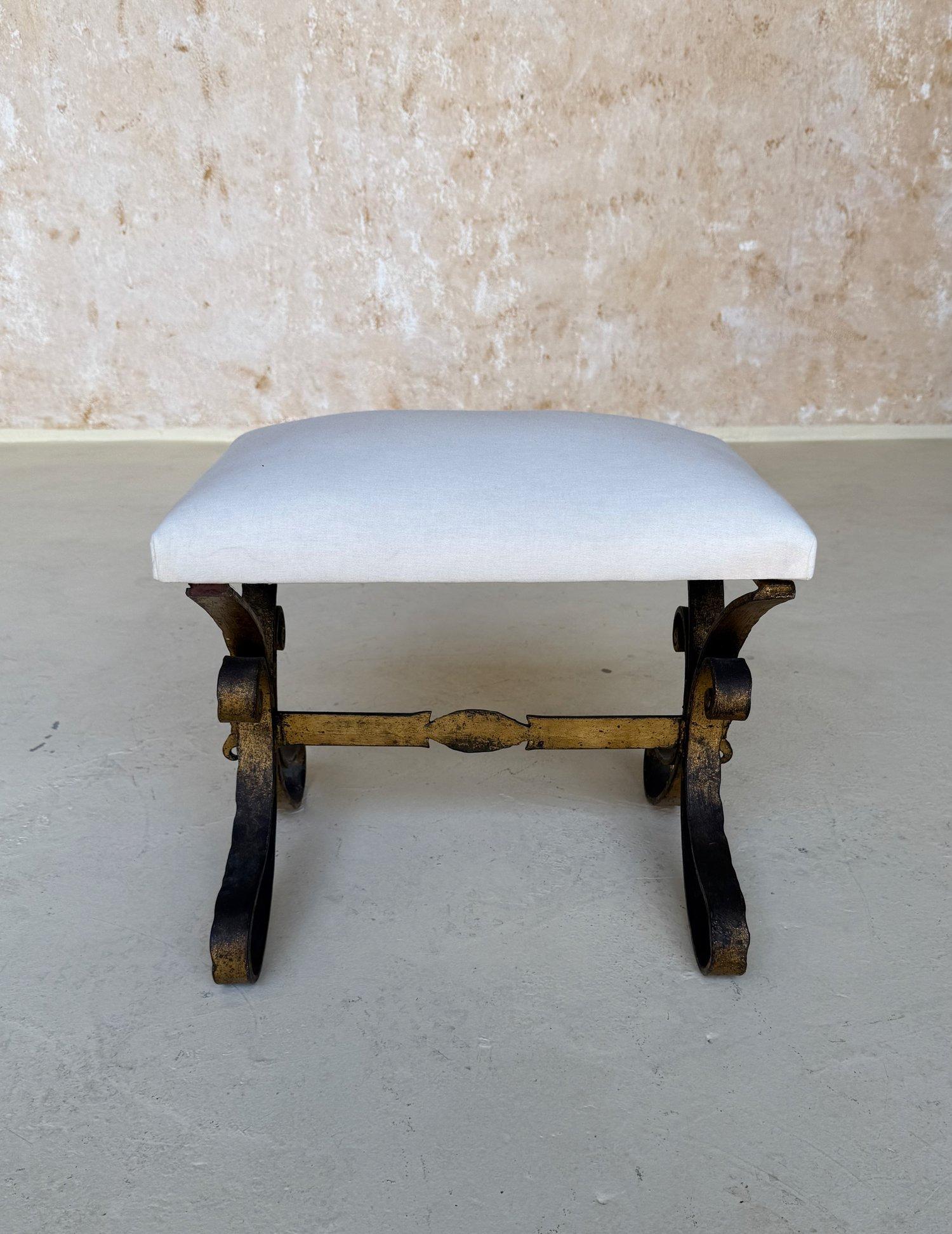 Vintage Mid Century Spanish Gilt Iron Bench with Ornate Base For Sale 6