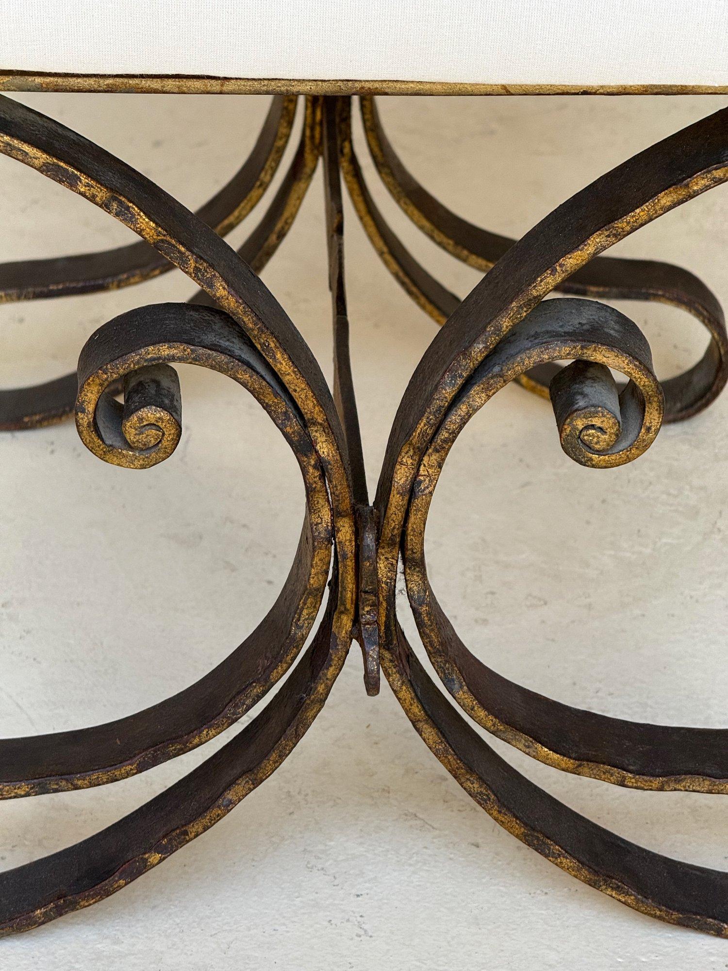 Mid-20th Century Vintage Mid Century Spanish Gilt Iron Bench with Ornate Base For Sale
