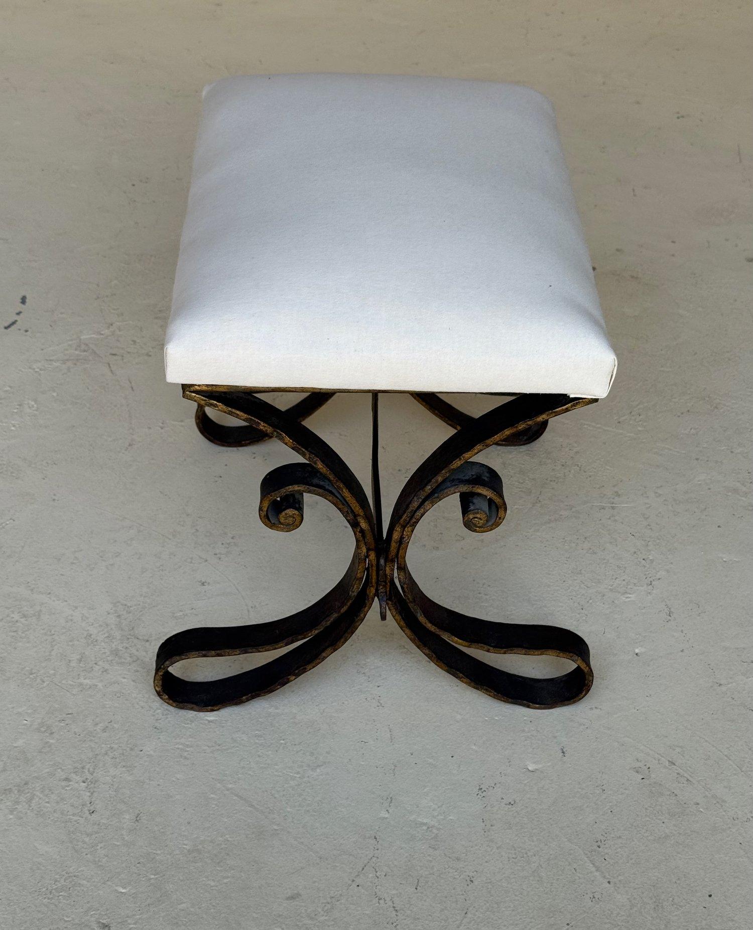Vintage Mid Century Spanish Gilt Iron Bench with Ornate Base For Sale 1