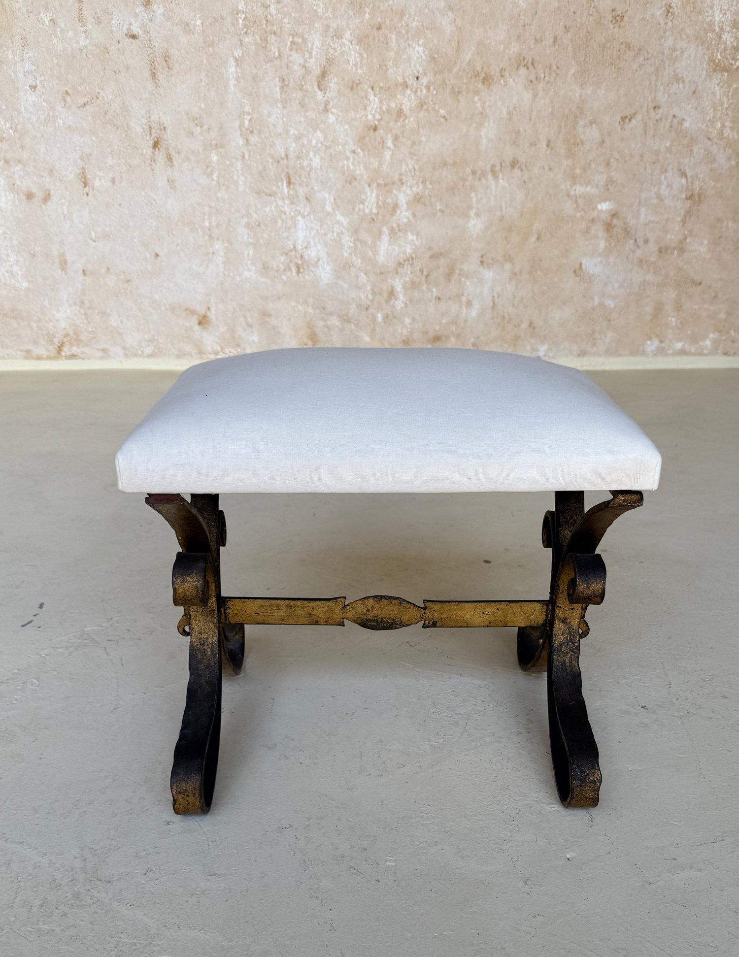 Vintage Mid Century Spanish Gilt Iron Bench with Ornate Base For Sale 2