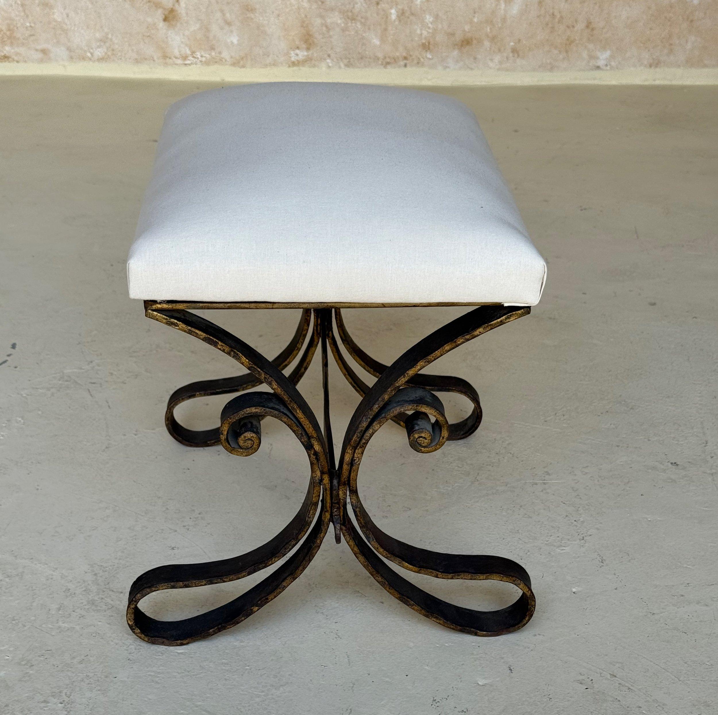 Vintage Mid Century Spanish Gilt Iron Bench with Ornate Base For Sale 3