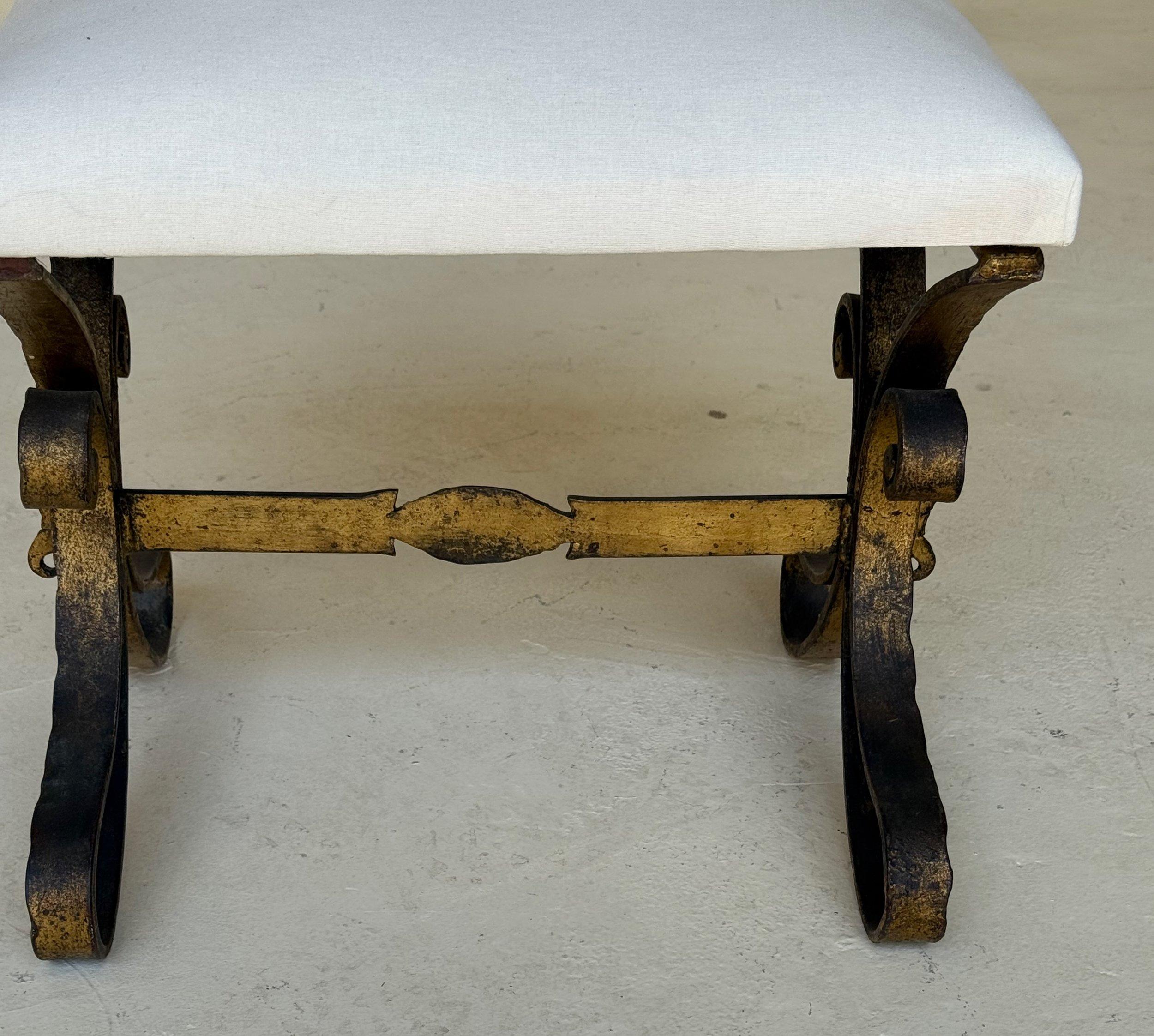 Vintage Mid Century Spanish Gilt Iron Bench with Ornate Base For Sale 4