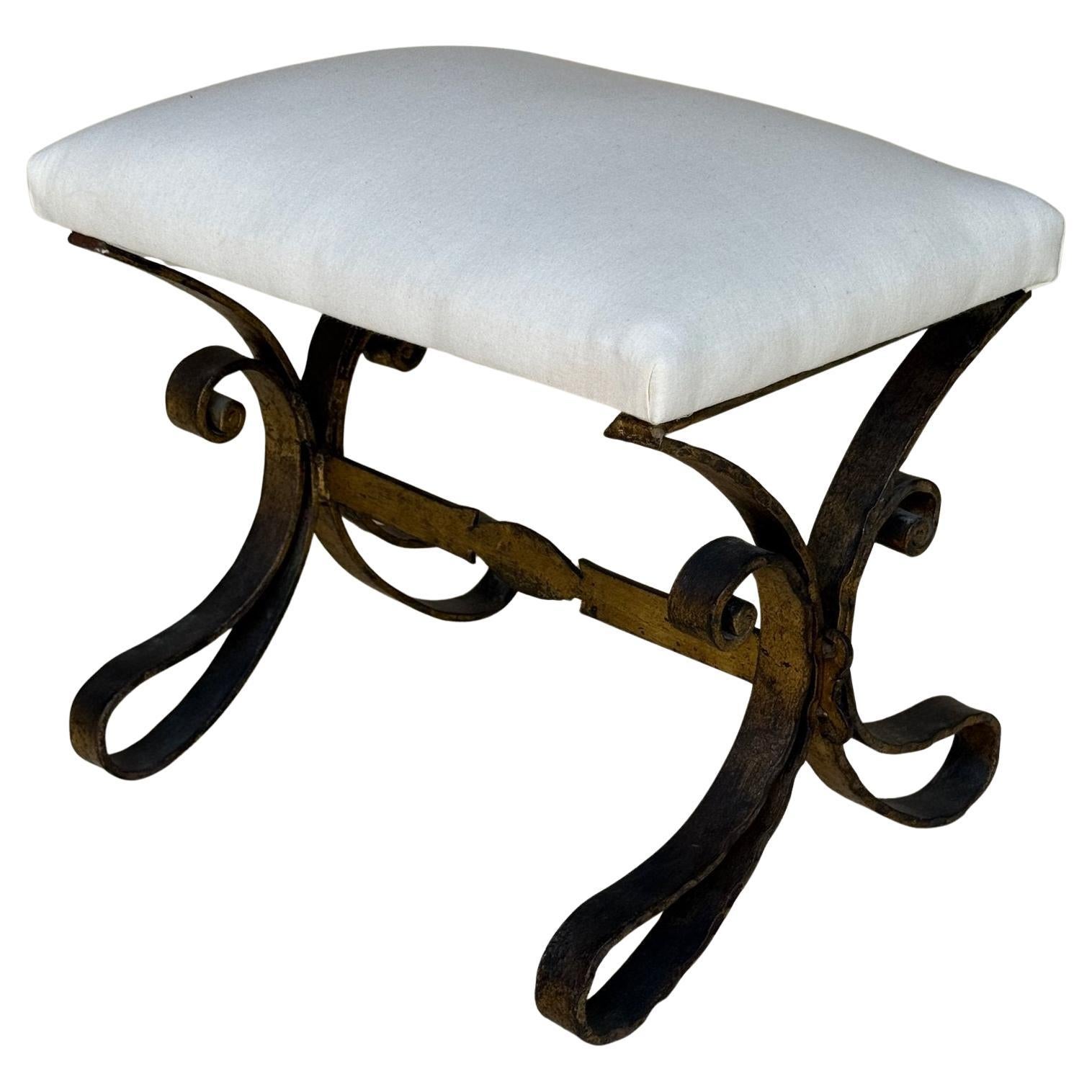 Vintage Mid Century Spanish Gilt Iron Bench with Ornate Base For Sale