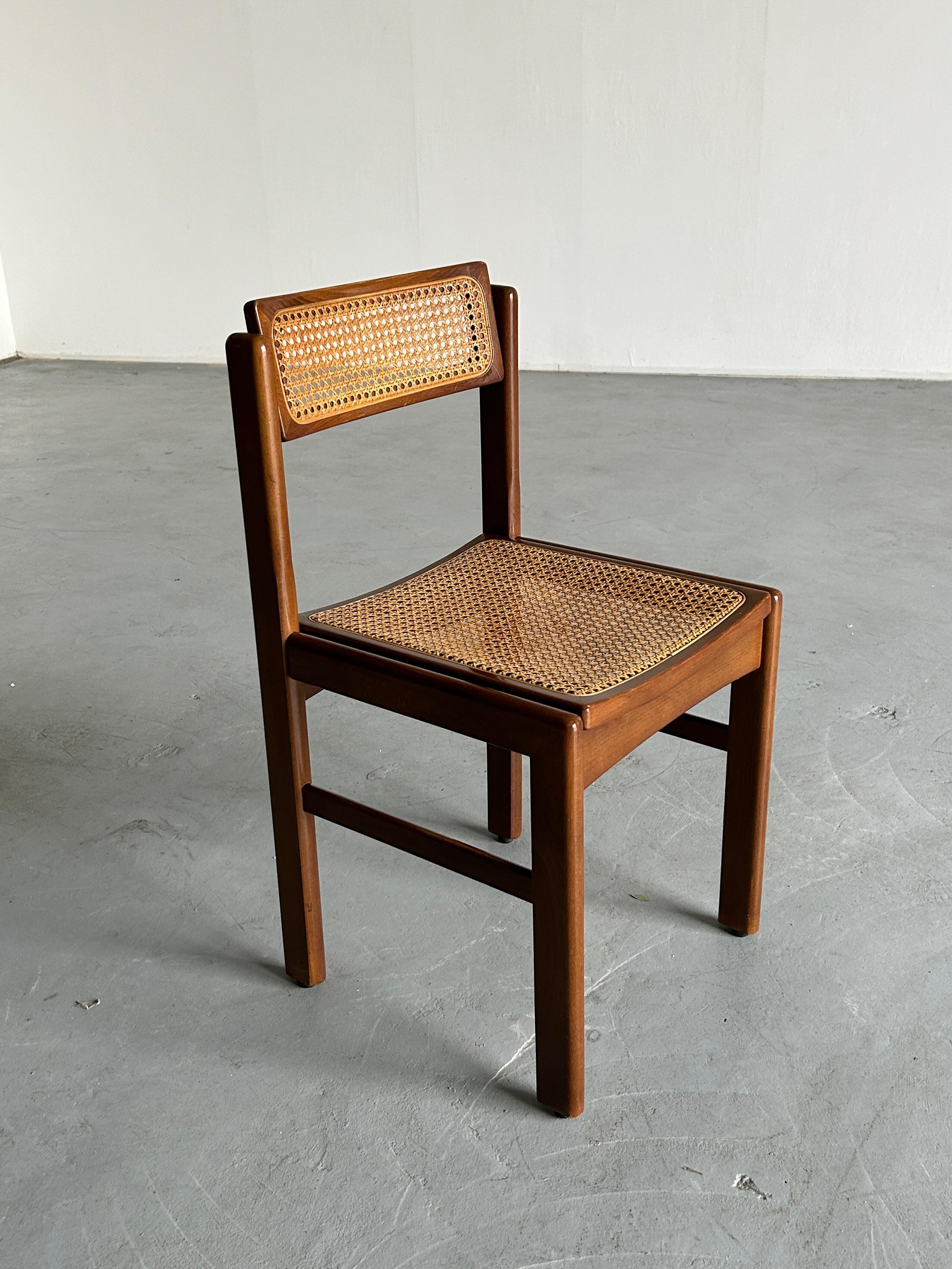 Italian Vintage Mid-Century Stained Beechwood and Wicker Cane Dining Chair, 1960s Italy