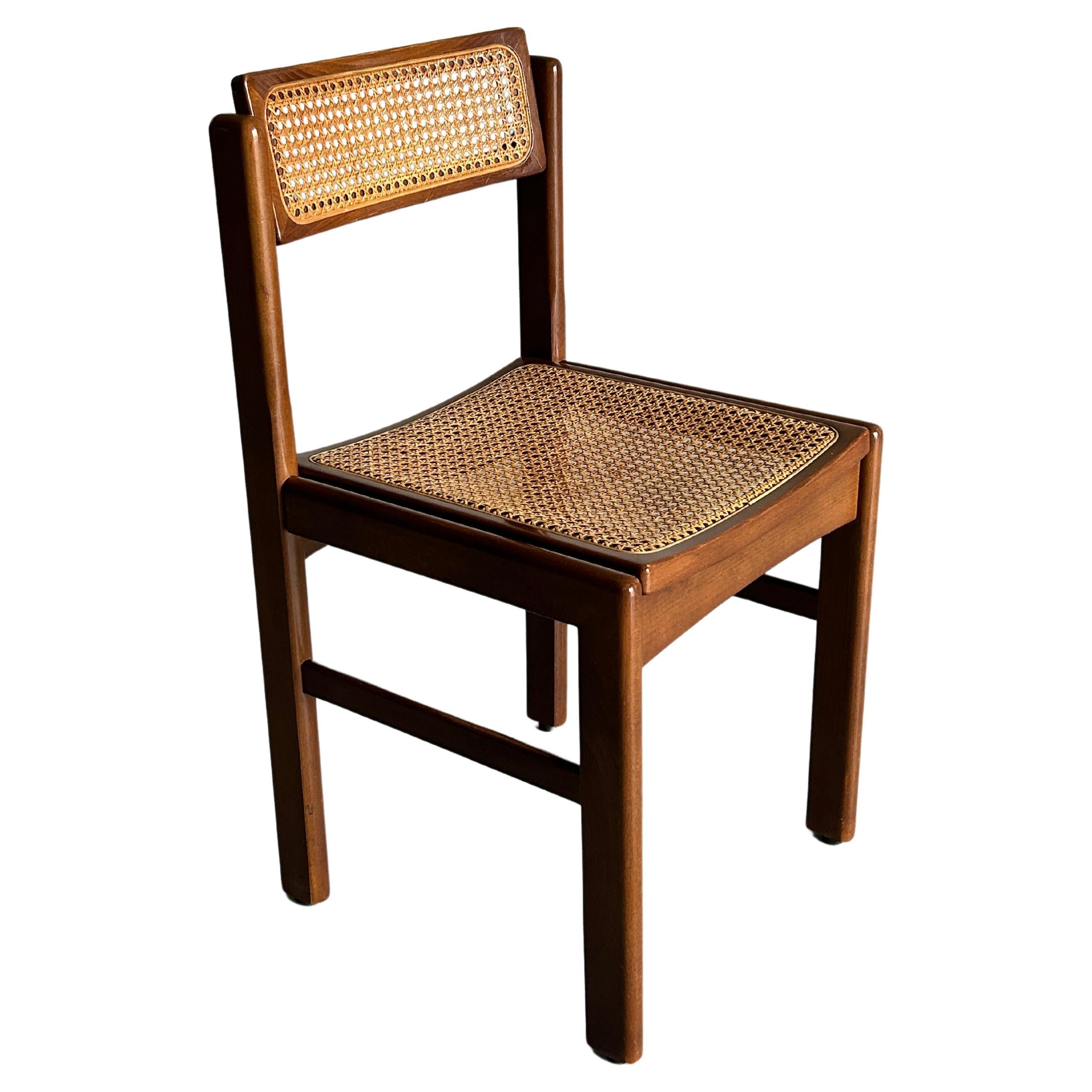 Vintage Mid-Century Stained Beechwood and Wicker Cane Dining Chair, 1960s Italy