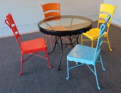 Vintage mid-century stamped-steel strap/slat-back patio dining chairs and table