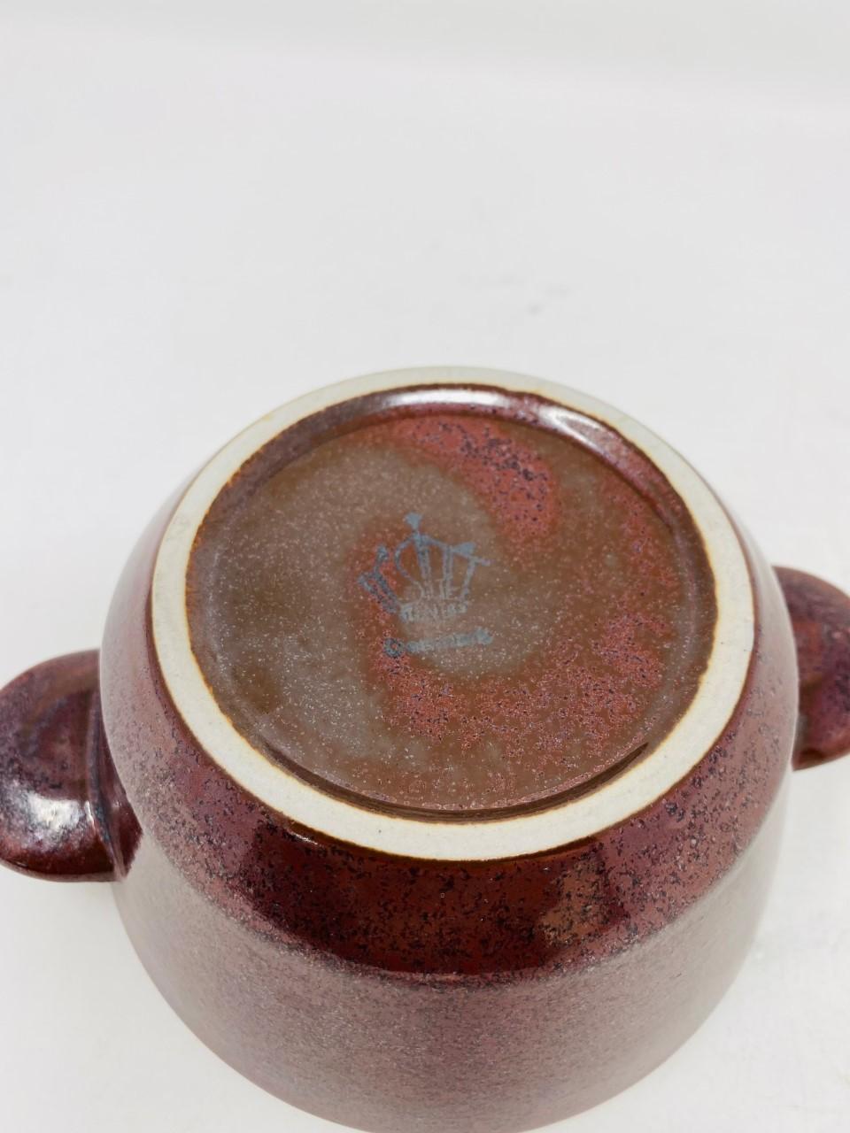 Beautiful vintage set of 7 ceramic soup bowls by Stentoj Denmark. Undeniably midcentury, these bowls are charming and timeless and a perfect example of Soholm Pottery. Each bowl is beautifully finished in an earthy merlot color glaze that can
