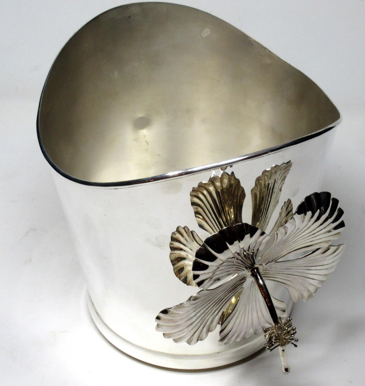 French Vintage Midcentury Sterling Wine Cooler Champagne Bucket Hibiscus Flowers, 1950