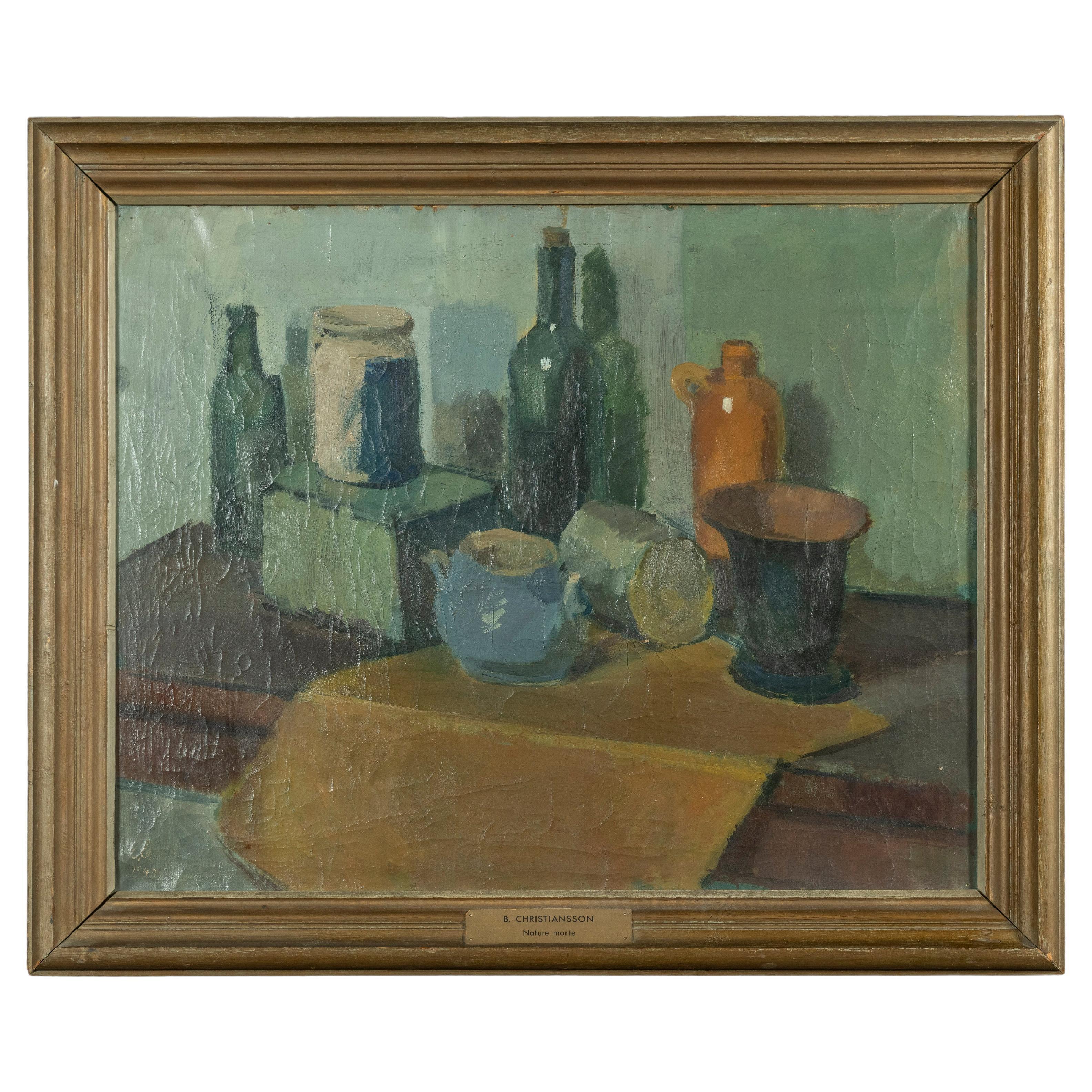 Vintage Midcentury Still Life Oil Painting Framed & Signed by B. Christiansson For Sale