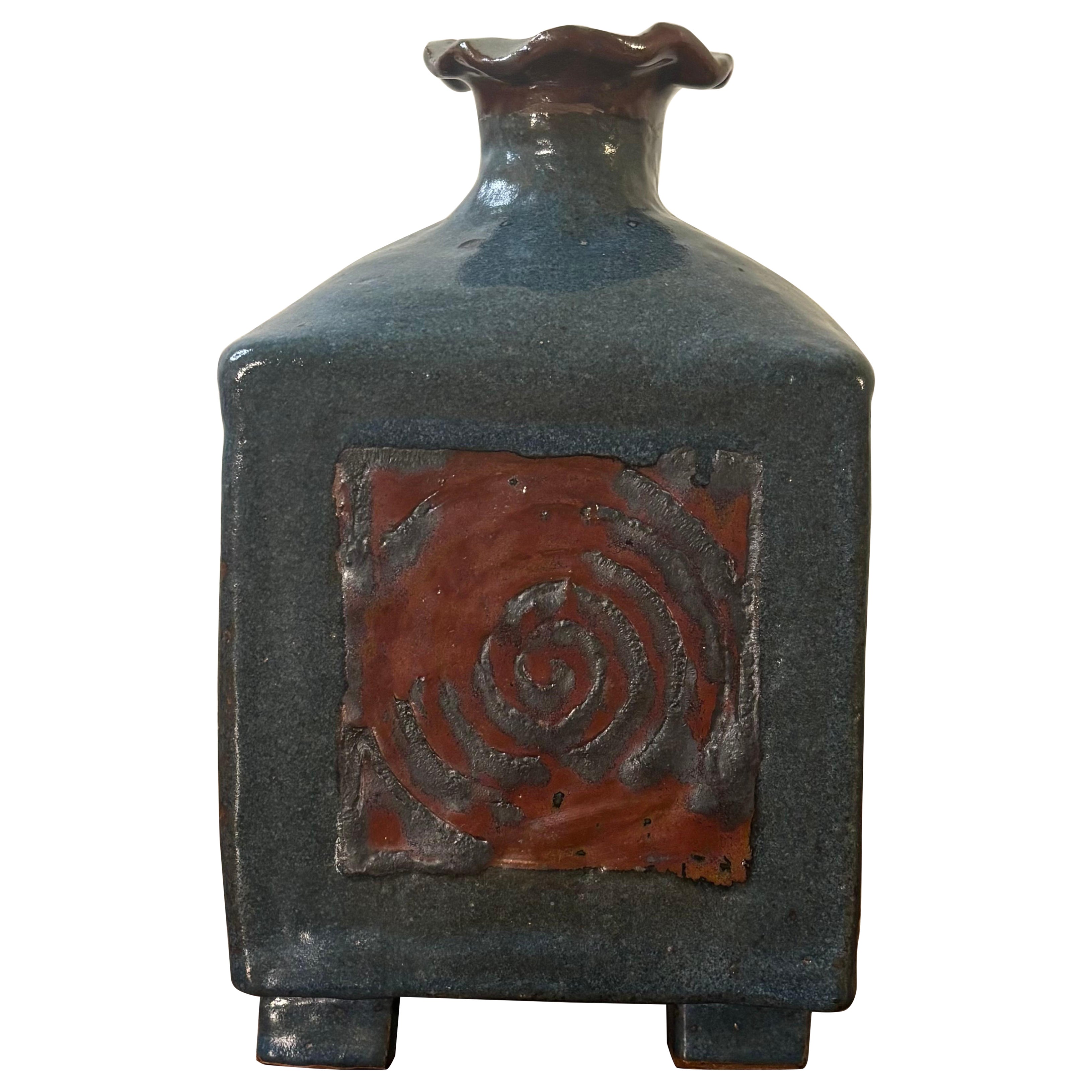 Vintage Mid-Century Studio Ceramic Vase, Sculptural Blue Glaze