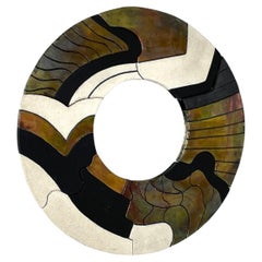 Vintage Mid Century Studio Pottery Raku Abstract Decorative Round Mirror c 1970s