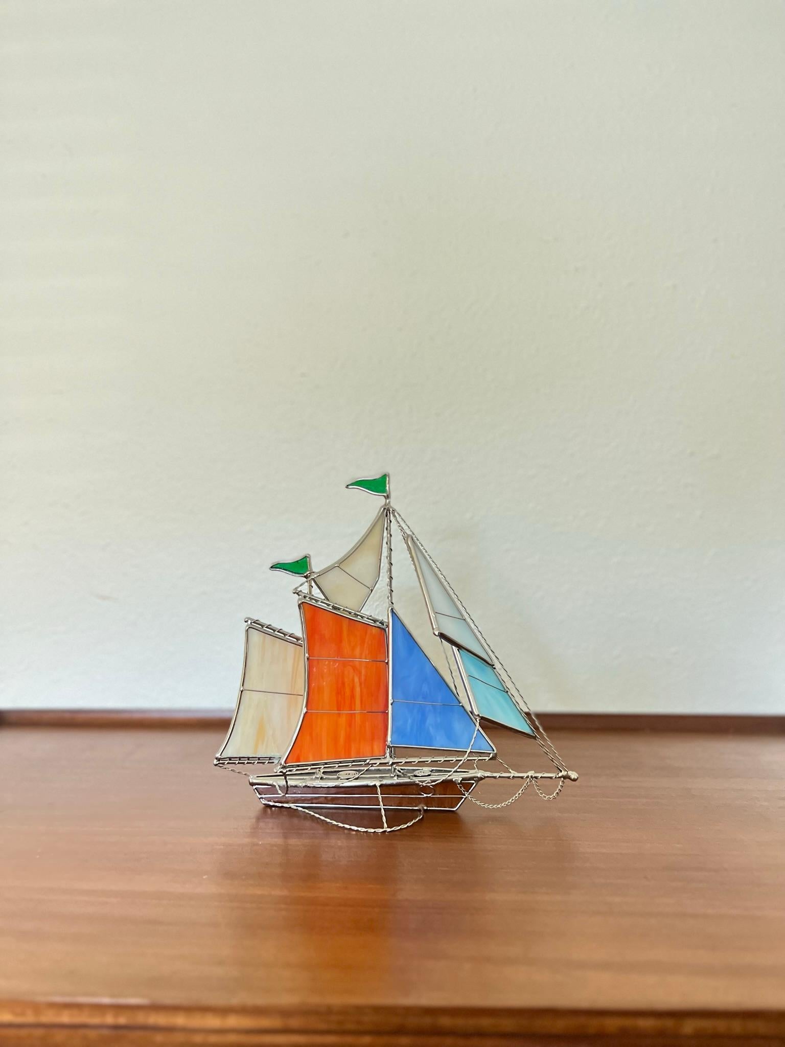 Mid-Century Modern Vintage Midcentury Style Beautiful Handcrafted Stained Glass Sailboat Ship