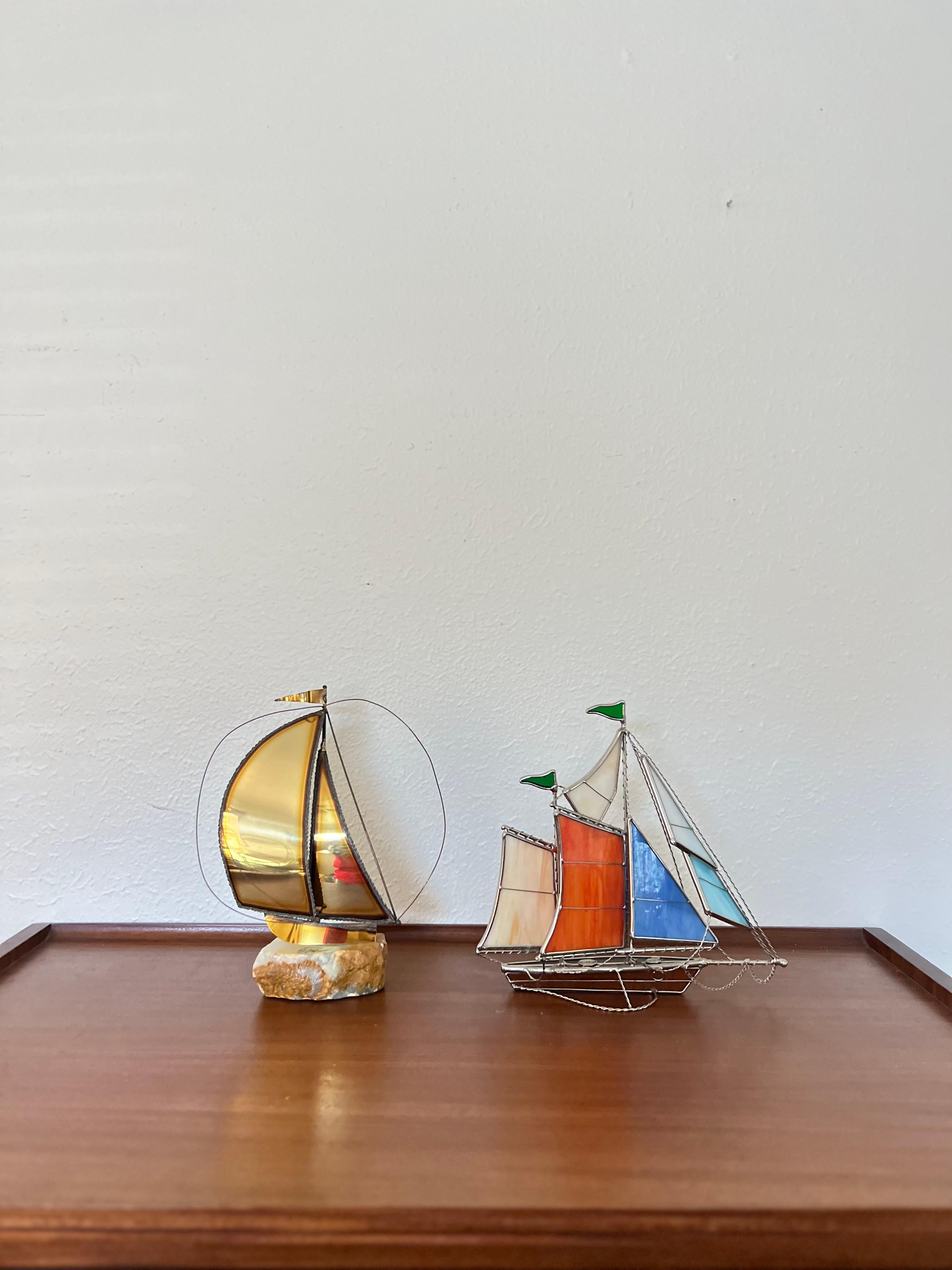 Vintage Midcentury Style Beautiful Handcrafted Stained Glass Sailboat Ship In Good Condition In Houston, TX