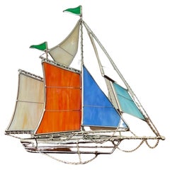 Vintage Midcentury Style Beautiful Handcrafted Stained Glass Sailboat Ship