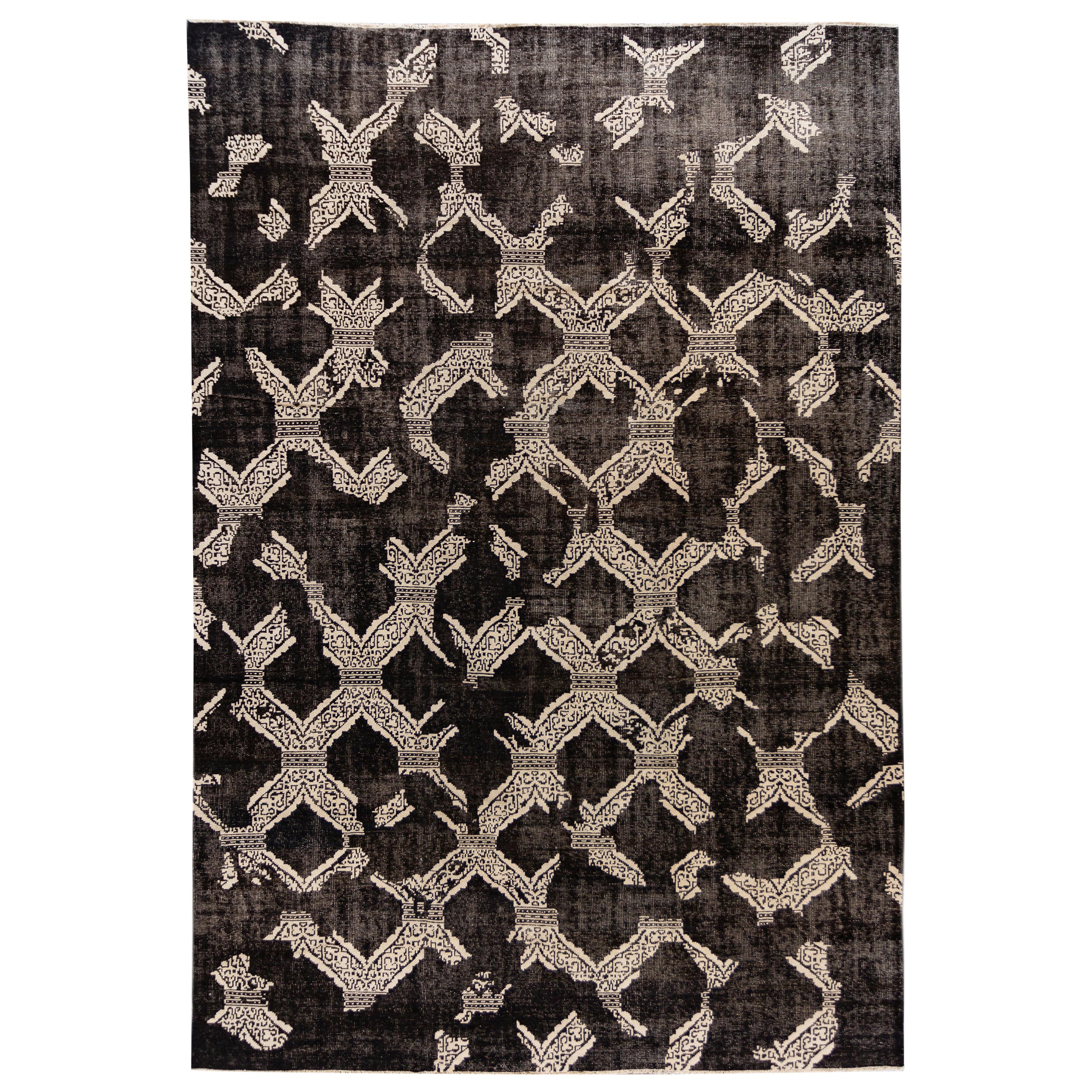 Vintage Midcentury-Style Black Handmade Wool Rug