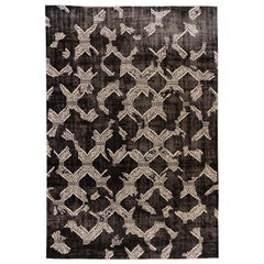 Vintage Midcentury-Style Black Handmade Wool Rug