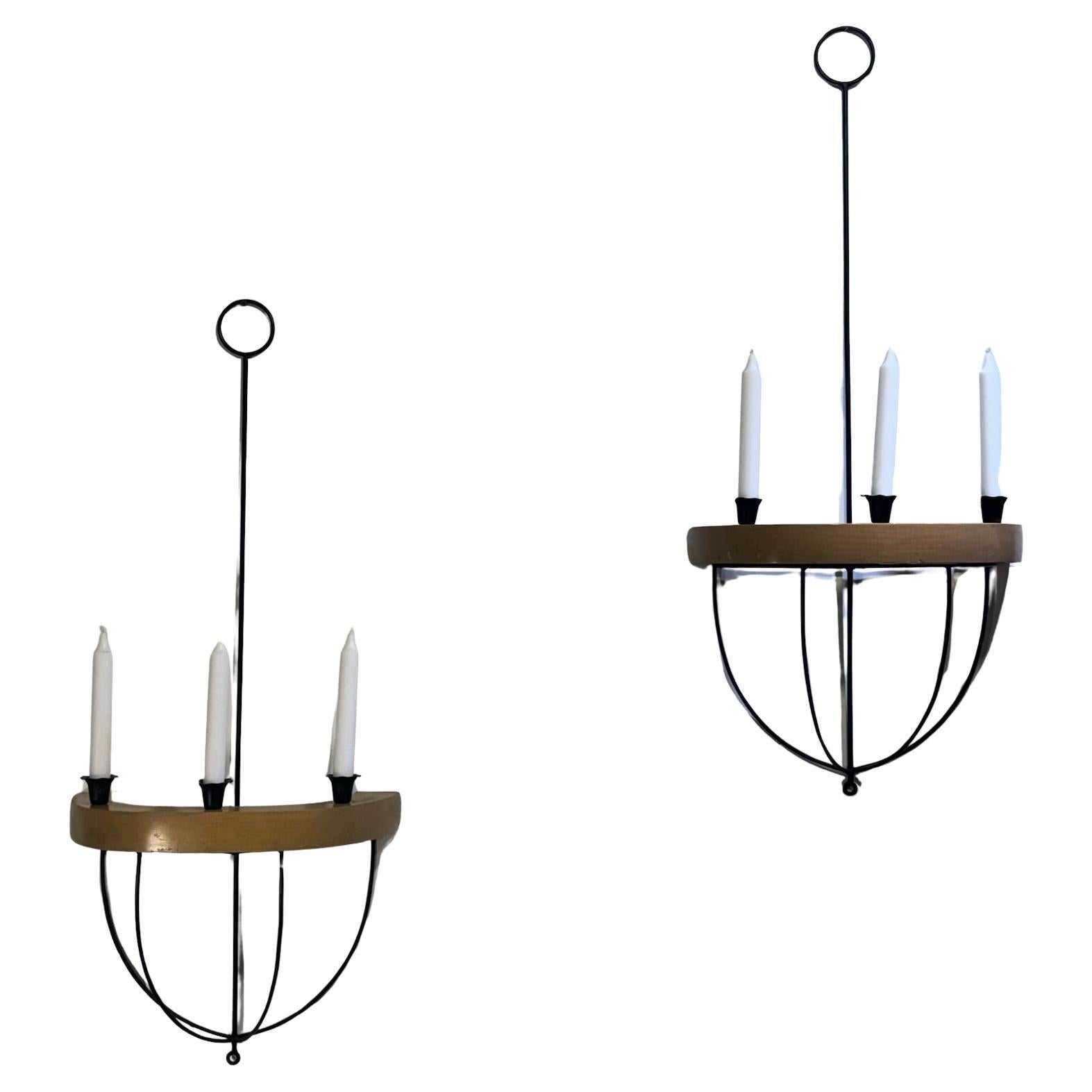 Candelabri da parete in ferro nero e legno in stile metà secolo vintage