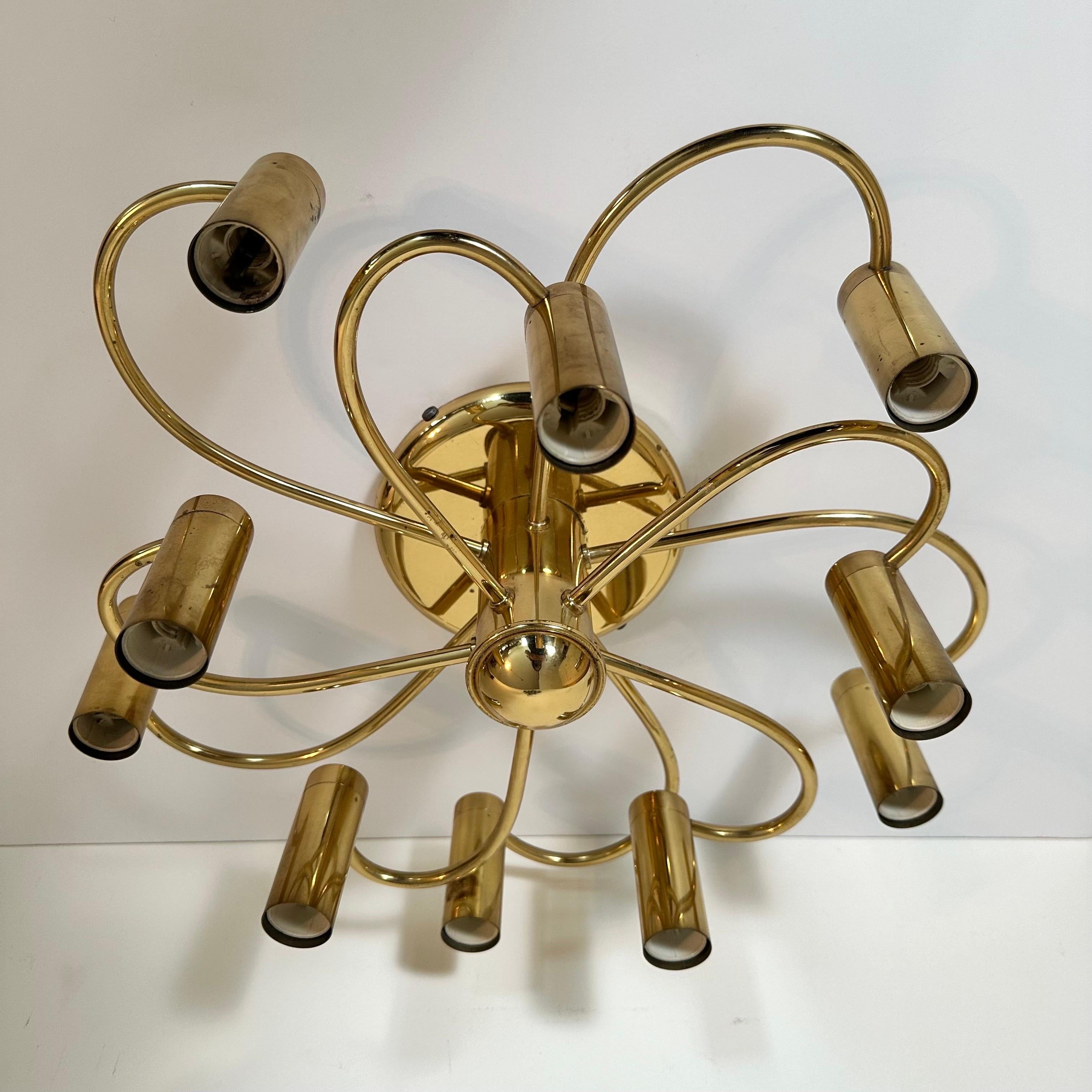 Late 20th Century Vintage Mid-Century Style Brass Spiral 10 Arm Flush Mount German, 1980s For Sale
