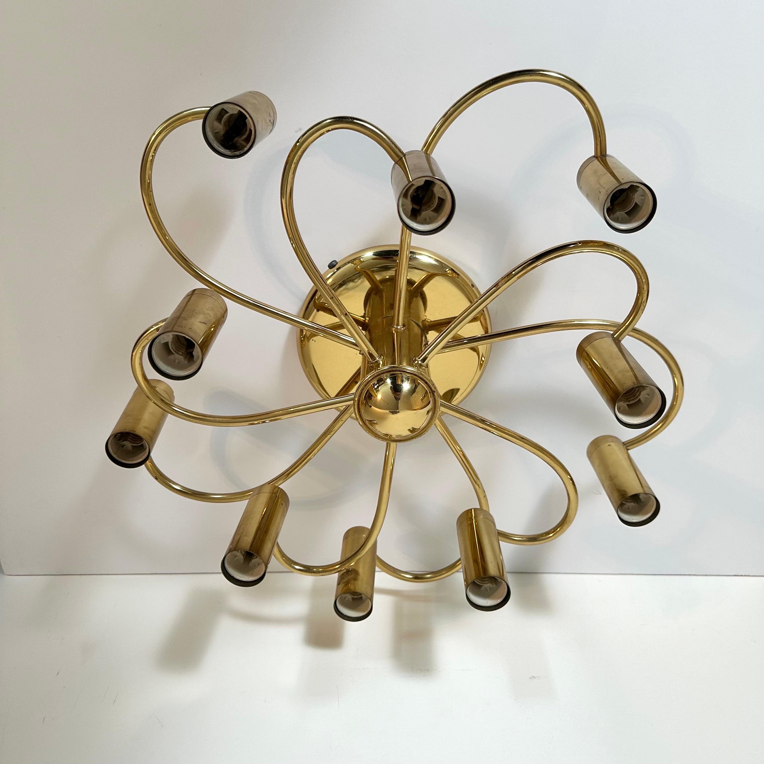 Vintage Mid-Century Style Brass Spiral 10 Arm Flush Mount German, 1980s For Sale 2