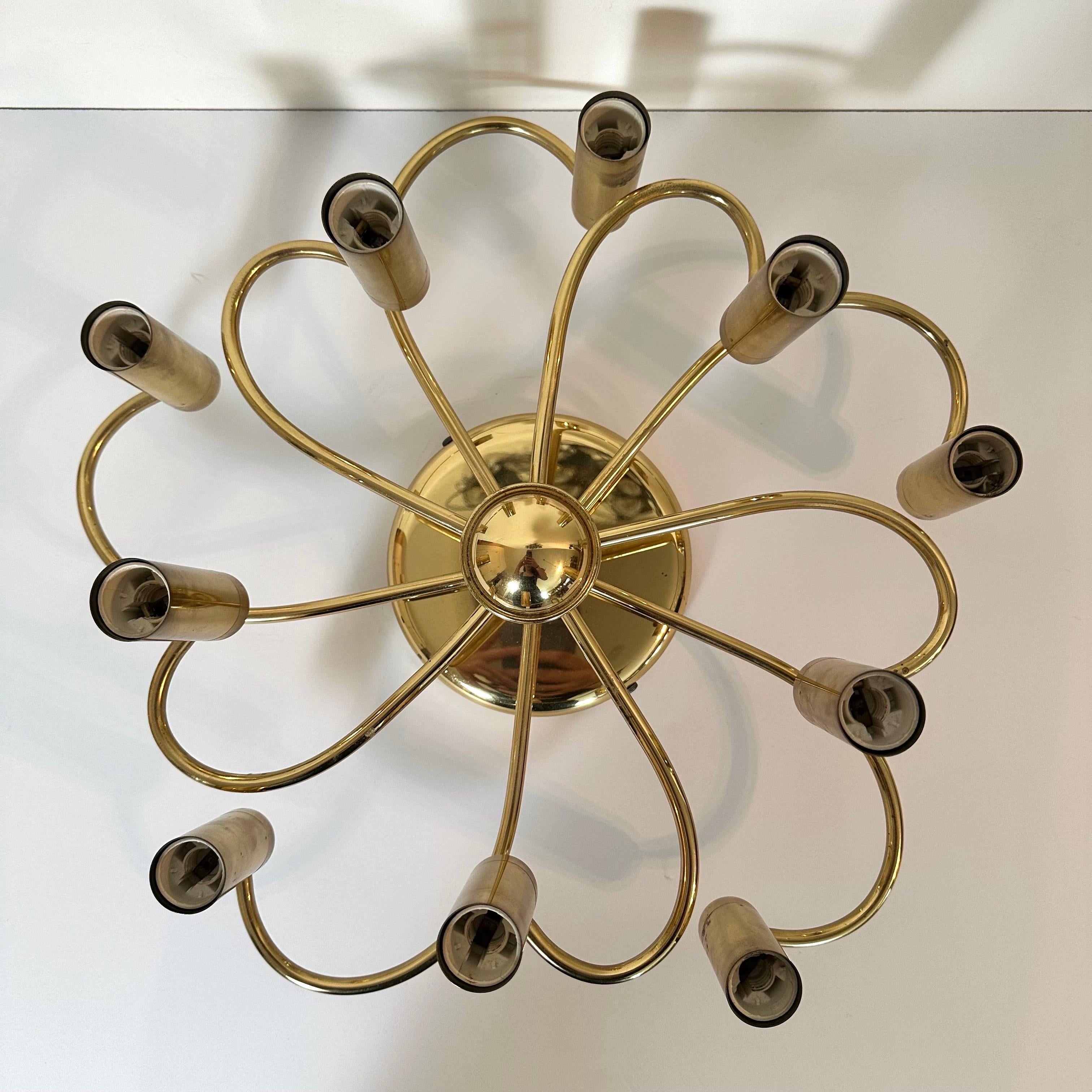 Vintage Mid-Century Style Brass Spiral 10 Arm Flush Mount German, 1980s For Sale 3