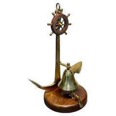 Vintage Mid-Century Style Polished Brass Captains Wheel & Anchor Desk Bell