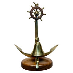 Vintage Mid-Century Style Polished Brass Captains Wheel & Anchor Desk Bell