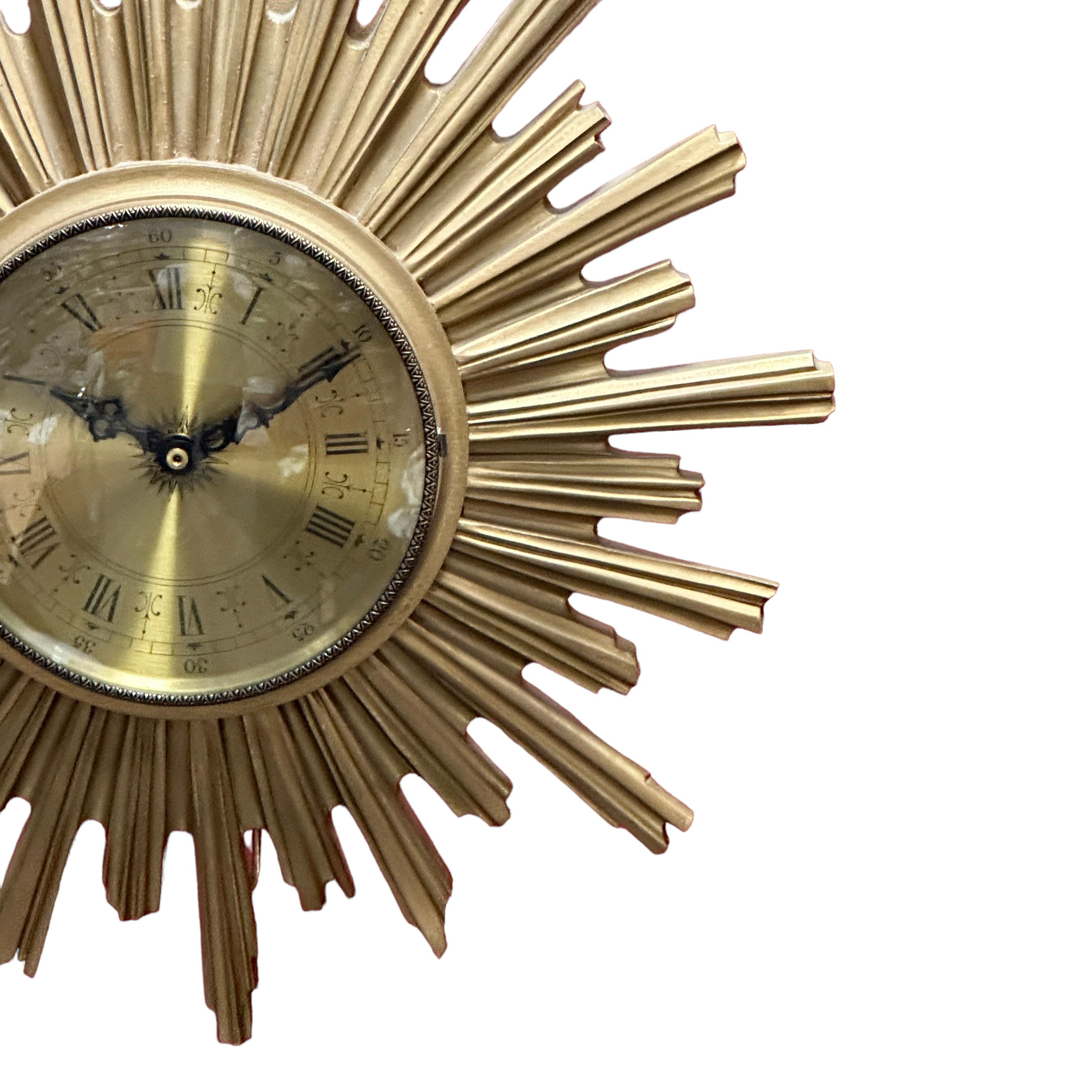Gilt Vintage Mid-Century Sunburst Starburst Wall Clock, Germany, 1980s For Sale