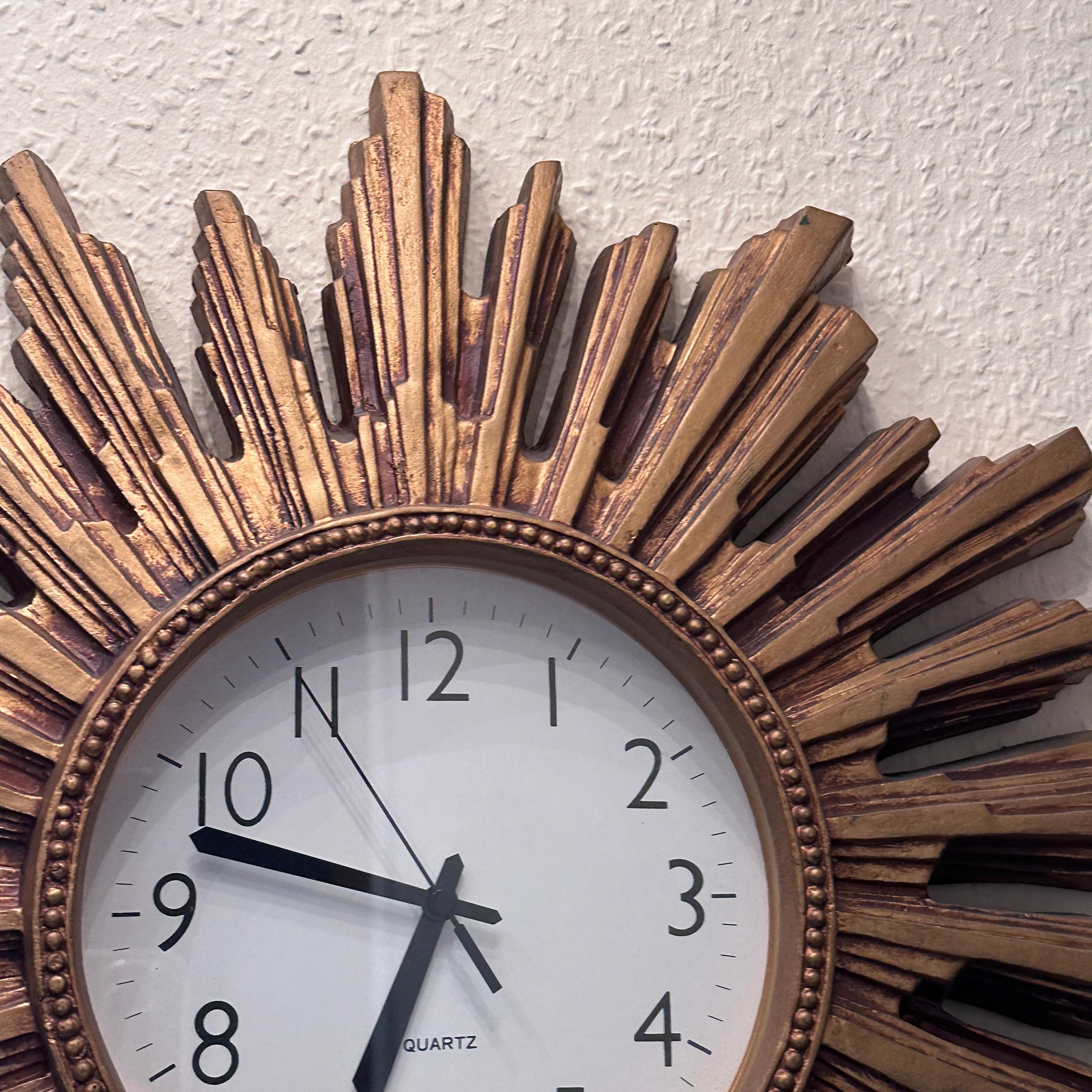 Gilt Vintage Mid-Century Sunburst Starburst Wall Clock, Germany, 1980s For Sale