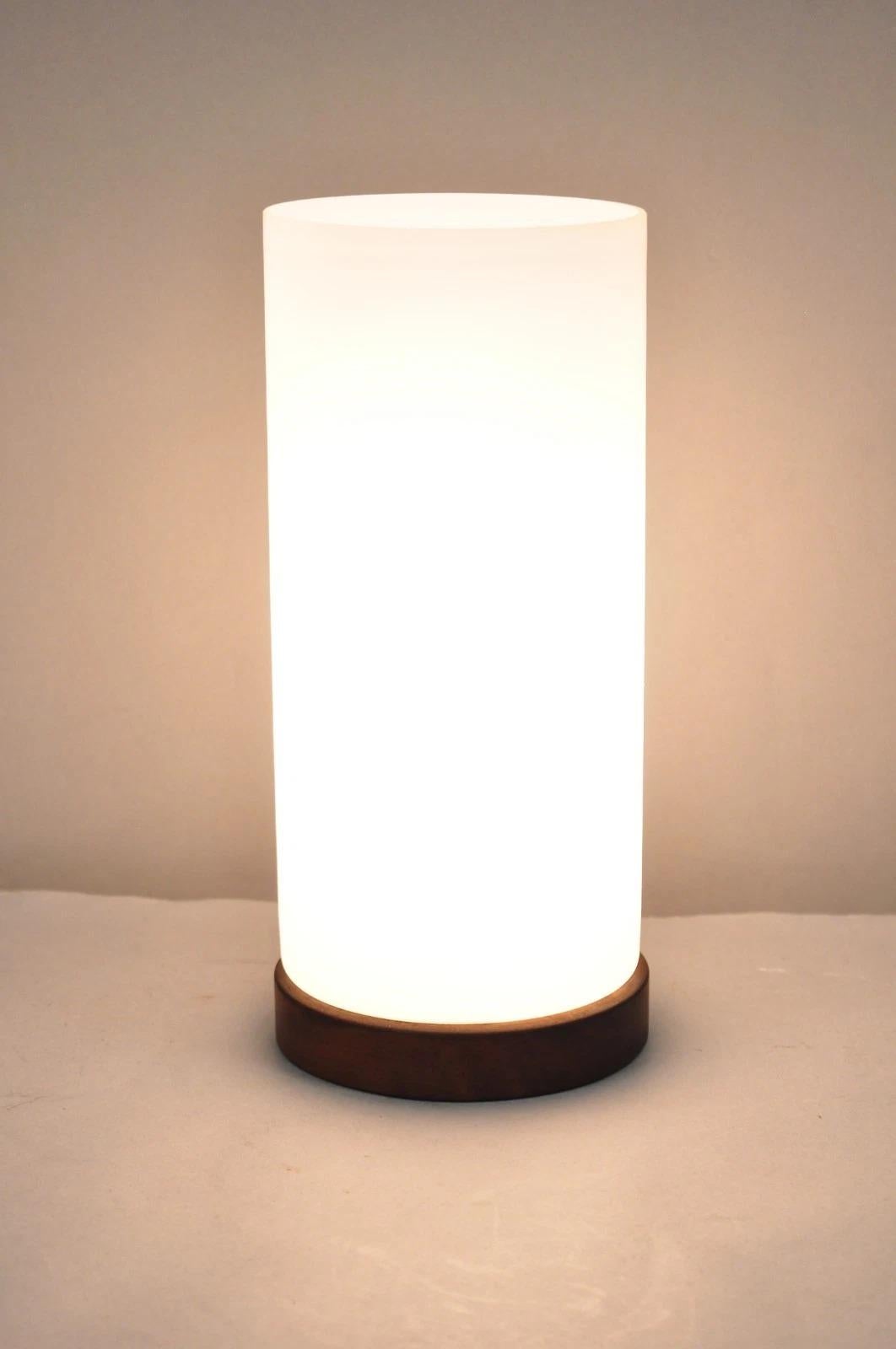 Vintage Mid Century Swedish Modern Frosted Glass Cylinder Small Teak Table Lamp For Sale 4
