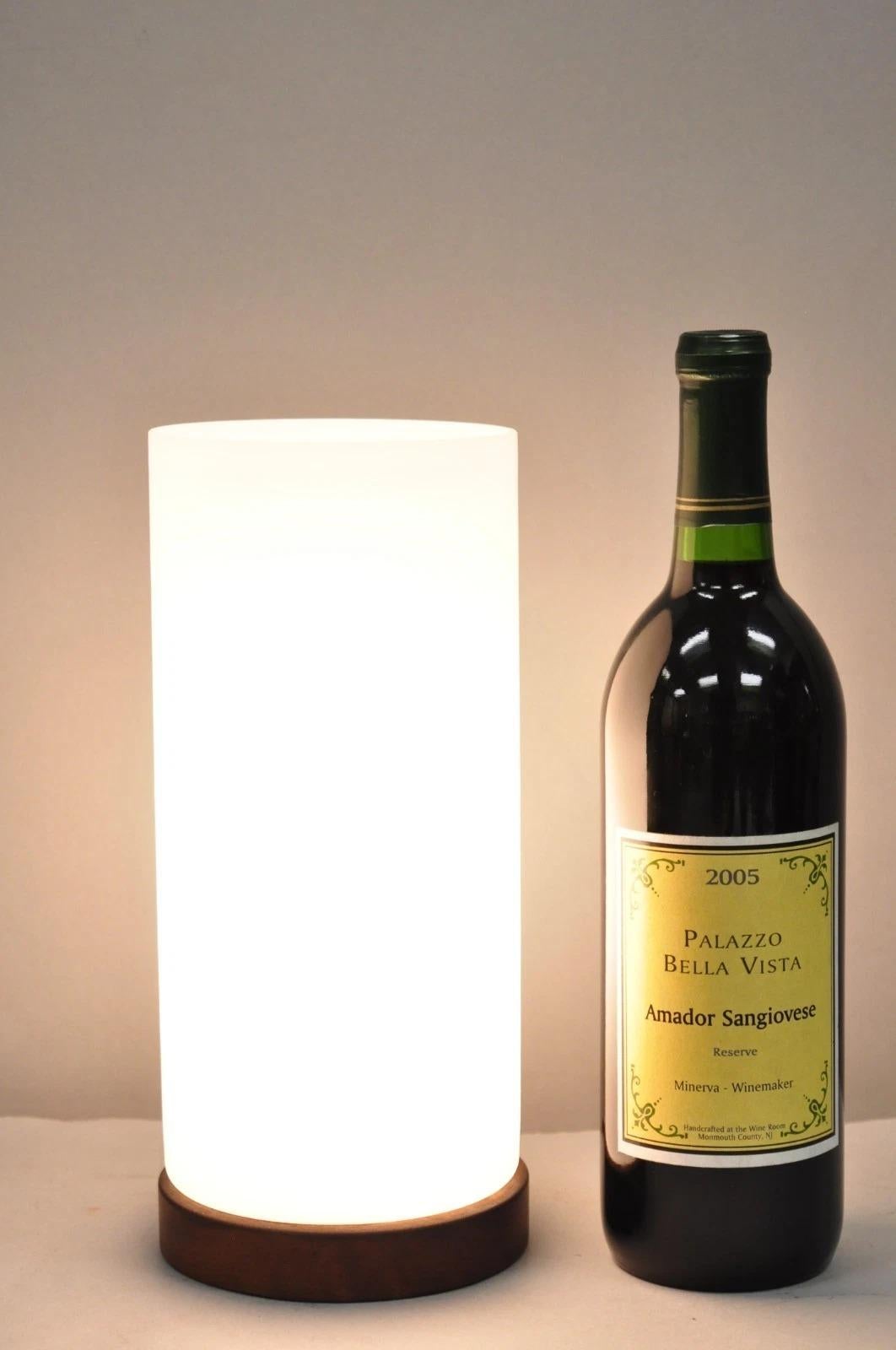 Vintage Mid Century Swedish Modern Frosted Glass Cylinder Small Teak Wood Base Table Lamp. Circa Mid 20th Century. Measurements: 10.5