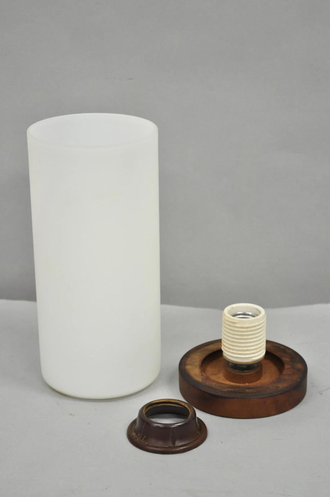 Vintage Mid Century Swedish Modern Frosted Glass Cylinder Small Teak Table Lamp In Good Condition For Sale In Philadelphia, PA