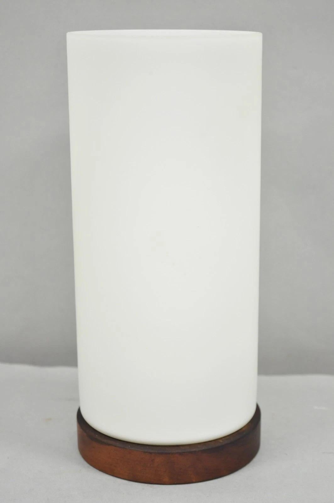 Vintage Mid Century Swedish Modern Frosted Glass Cylinder Small Teak Table Lamp For Sale 1