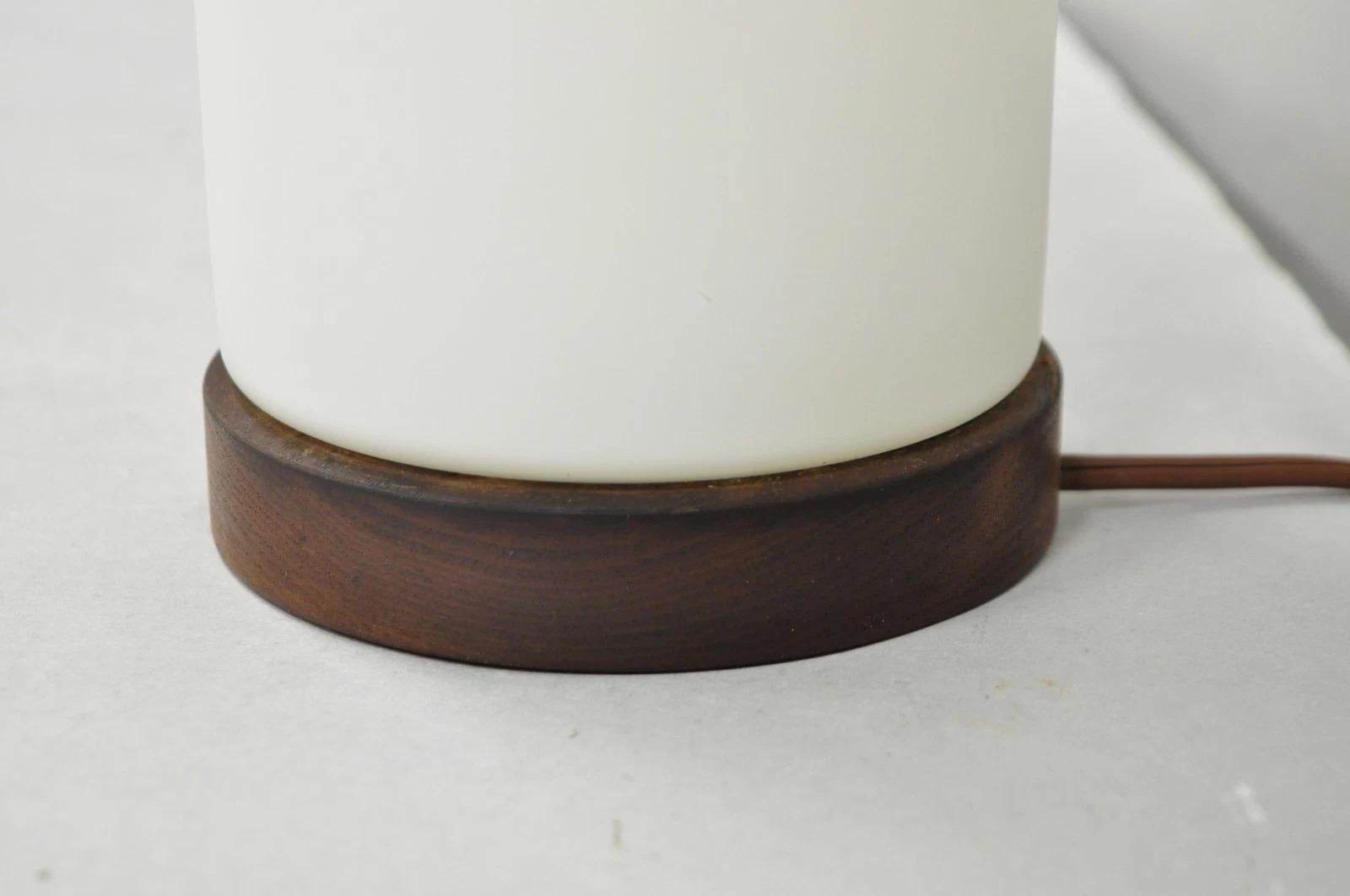 Vintage Mid Century Swedish Modern Frosted Glass Cylinder Small Teak Table Lamp For Sale 2
