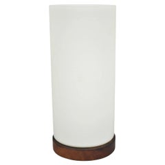 Vintage Mid Century Swedish Modern Frosted Glass Cylinder Small Teak Table Lamp