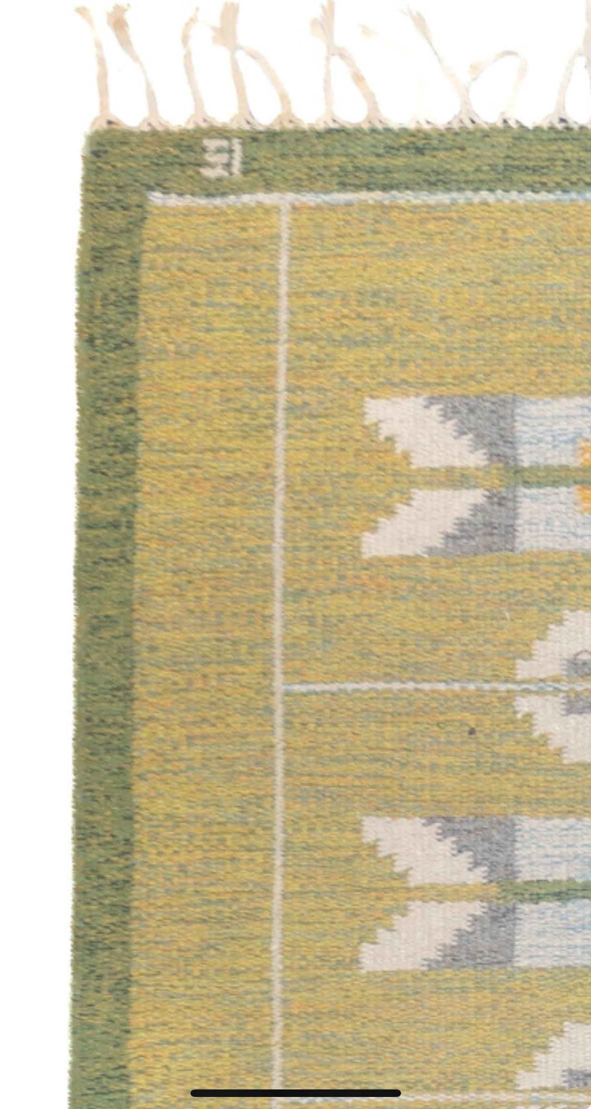 Mid-Century Modern Ingegerd Silow Vintage Mid-Century Swedish Rollaken Kilim Green Rug For Sale