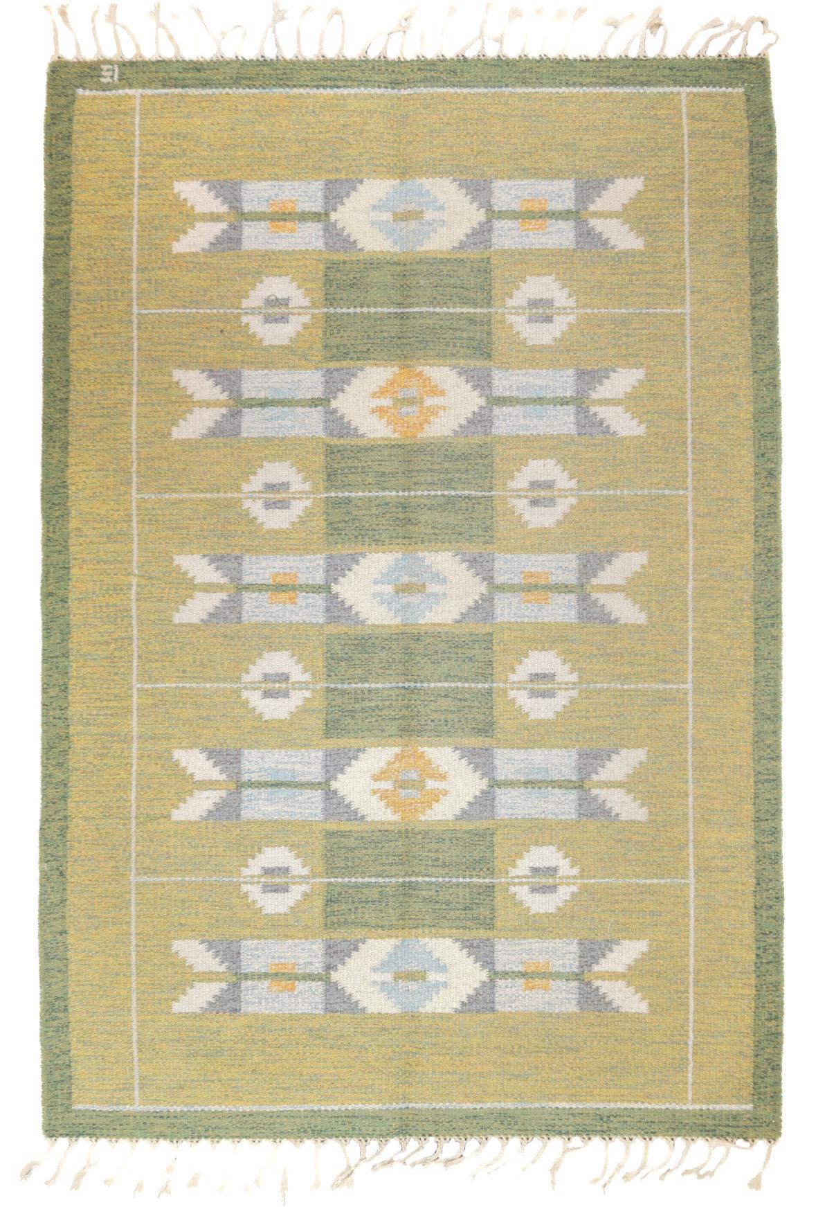 Hand-Woven Ingegerd Silow Vintage Mid-Century Swedish Rollaken Kilim Green Rug For Sale
