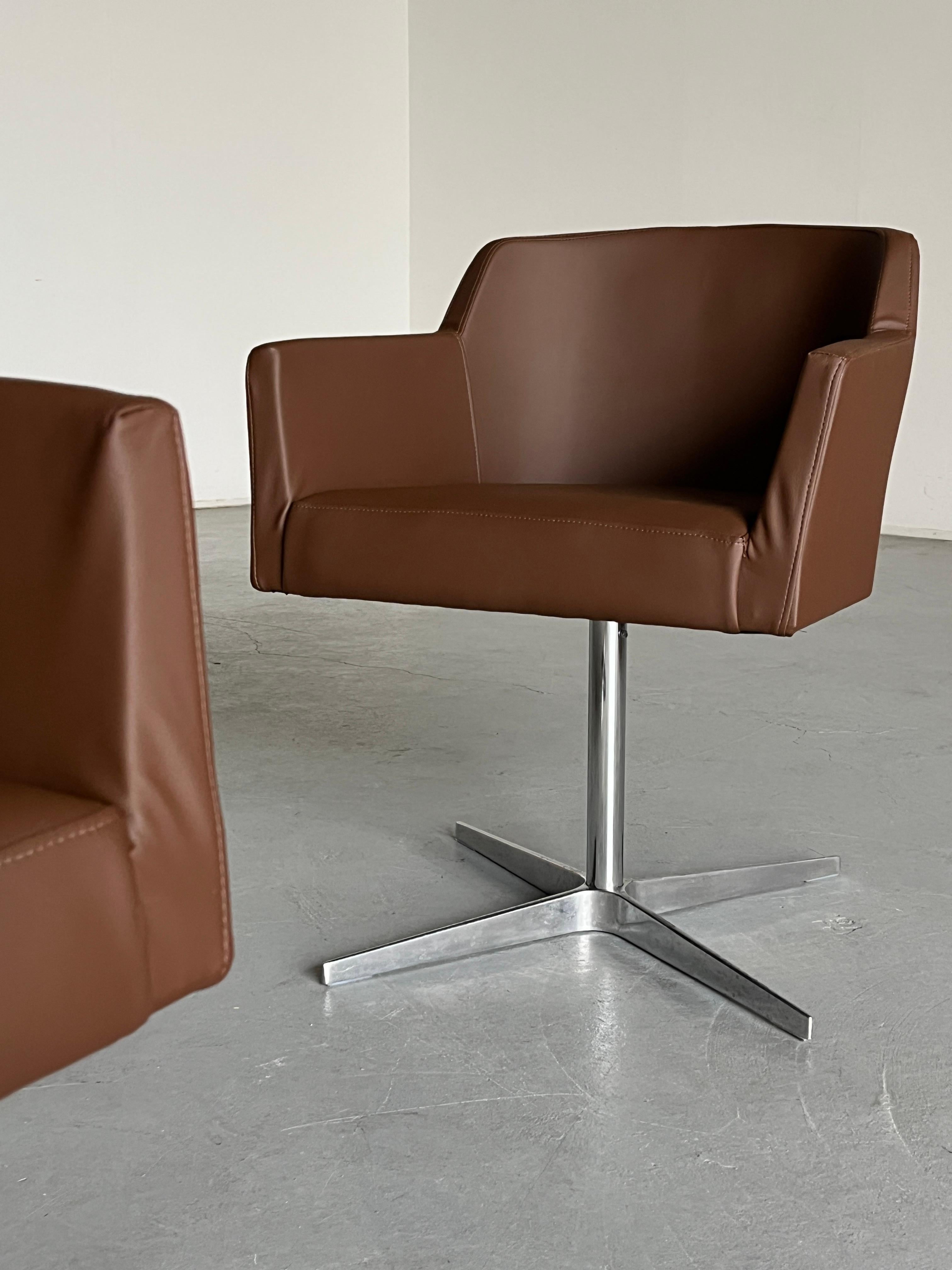 Steel Vintage Mid-Century Swivel Armchair in Brown Faux Leather, 80s Austria For Sale