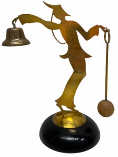 Vintage Mid Century Table Bell Geisha Brass Wood Statue, Vienna Austria 1950s