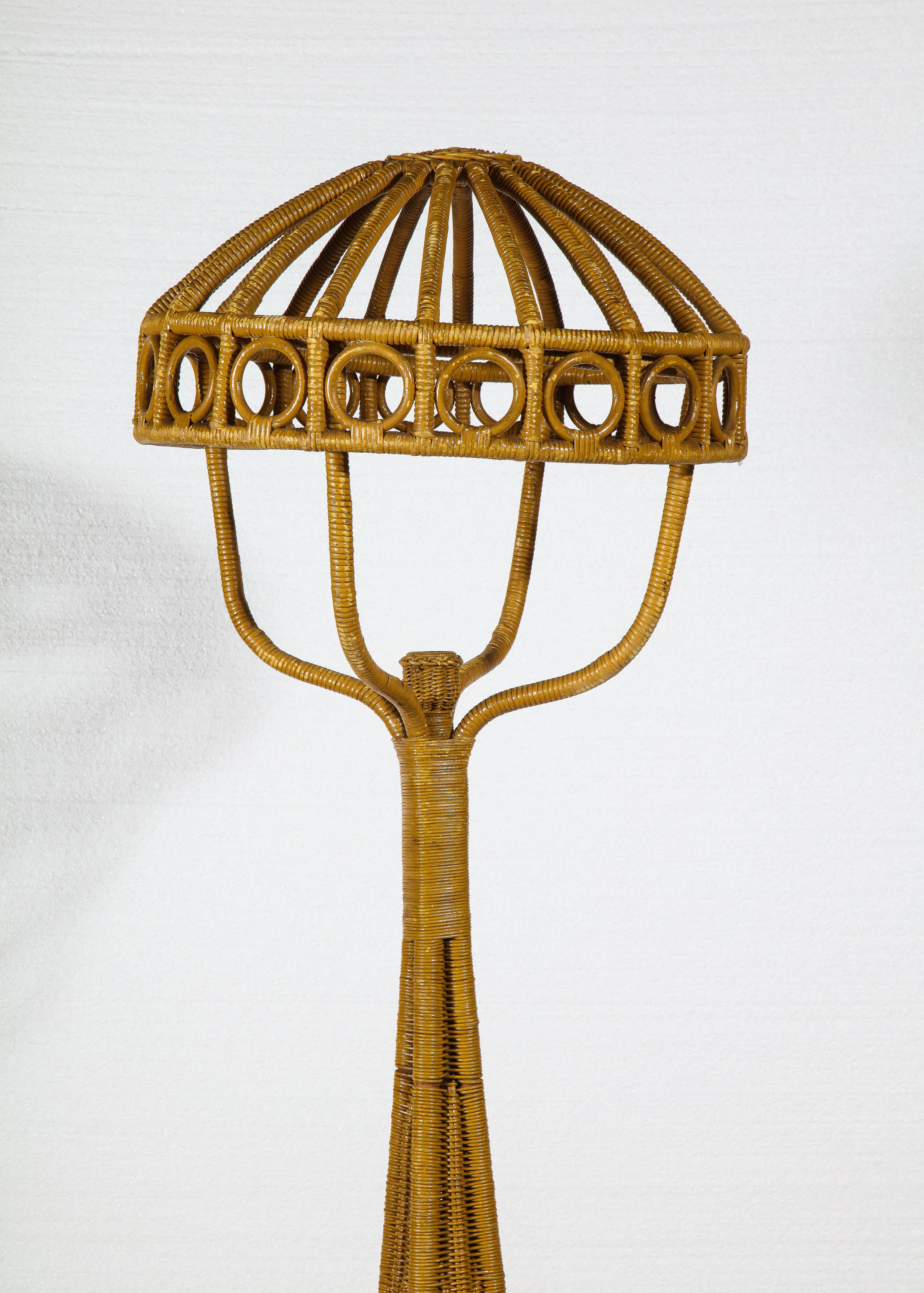 Vintage midcentury tall wicker rattan floor deco lamp, France

More photos upon request.