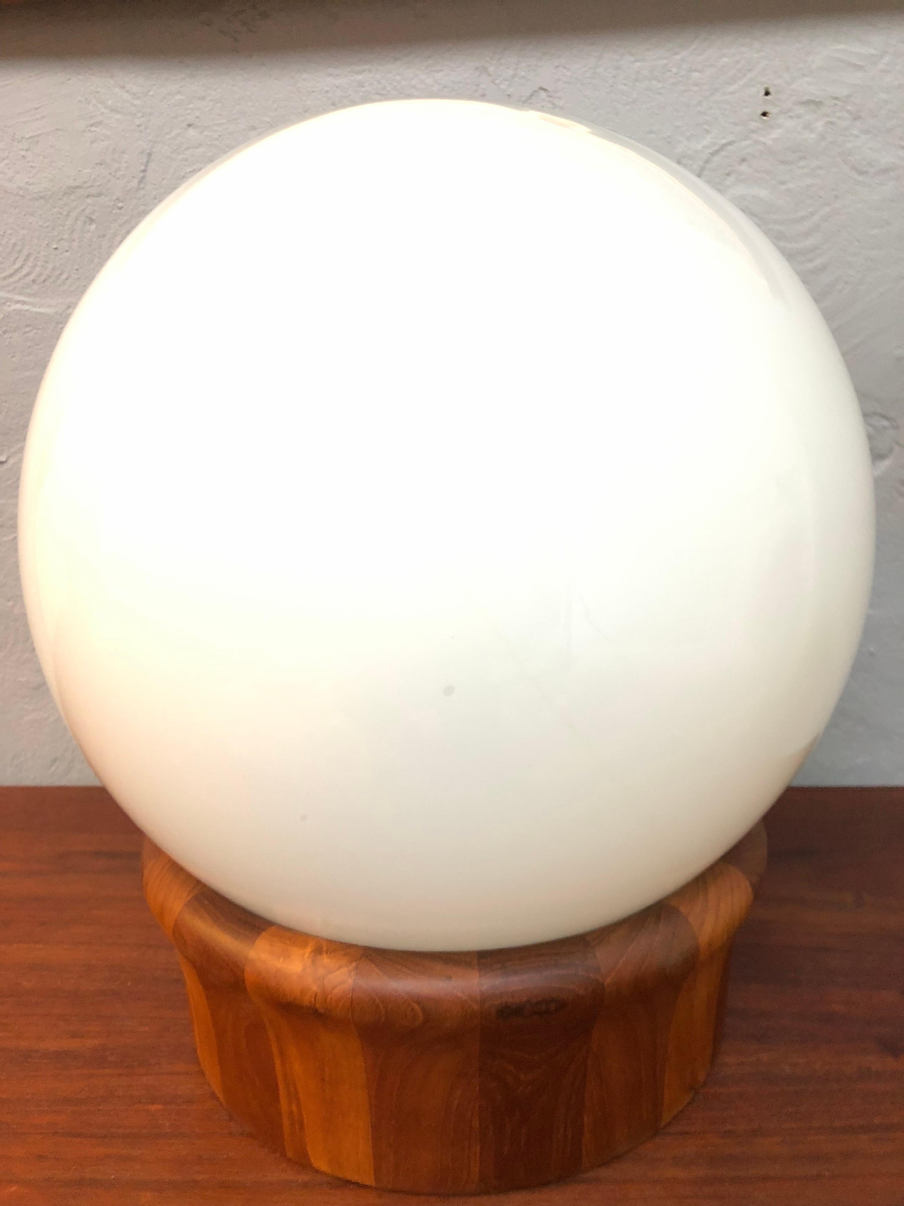 Hand-Crafted Vintage Mid Century Teak and Opaline Glass Table Lamp  For Sale