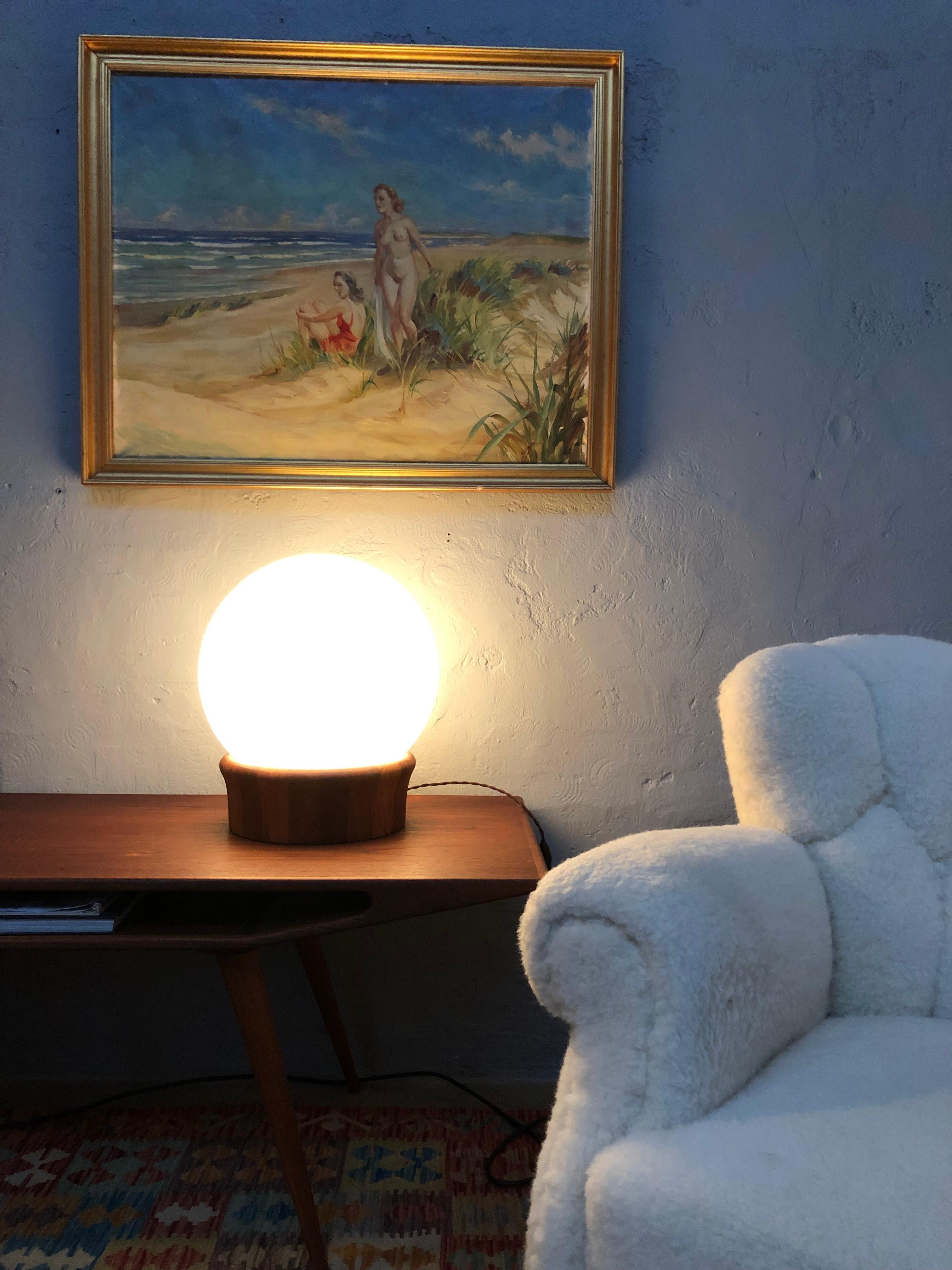 Mid-20th Century Vintage Mid Century Teak and Opaline Glass Table Lamp  For Sale