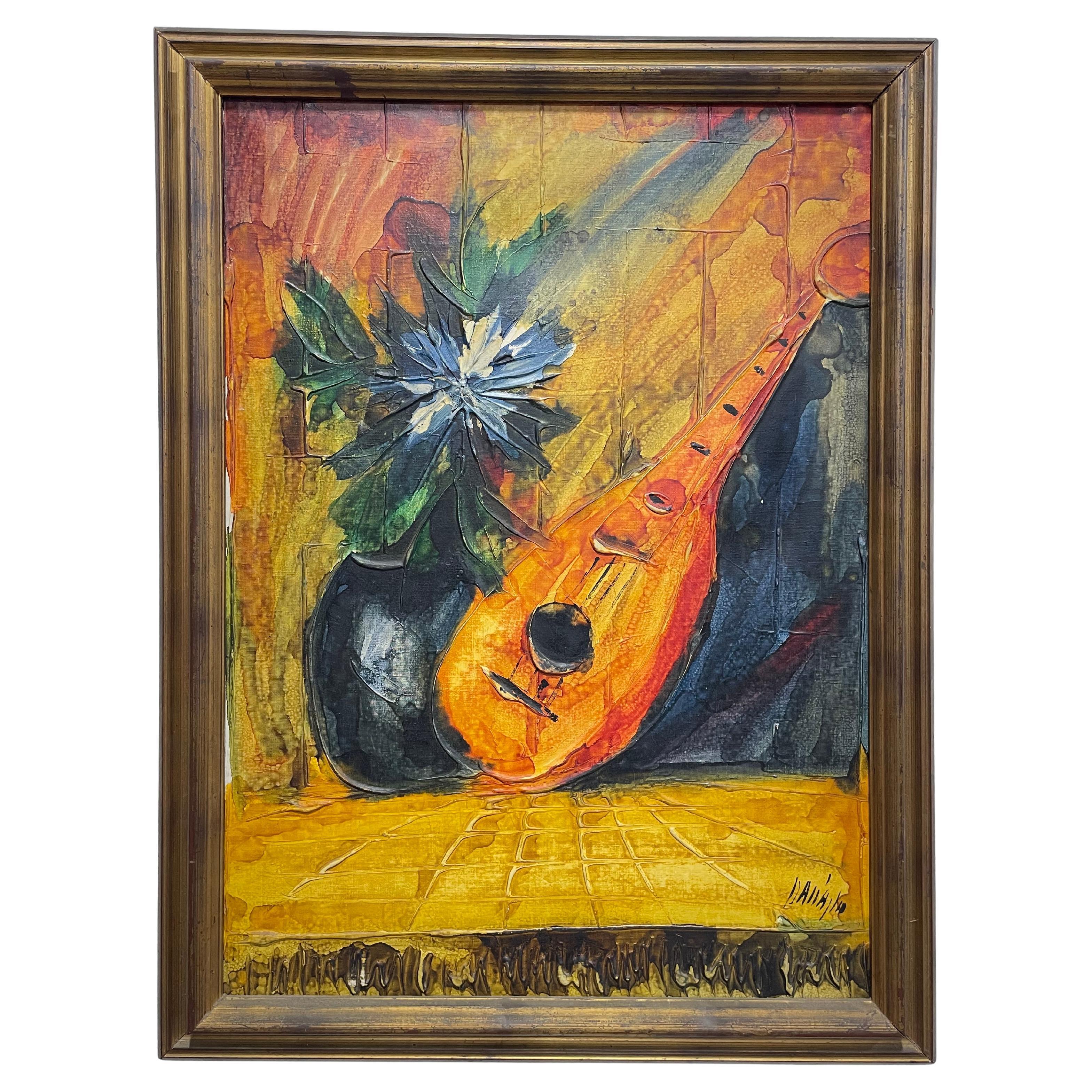 Vintage Mid Century strukturierte Acrylmalerei - Mandoline Stillleben - 1960 Italien